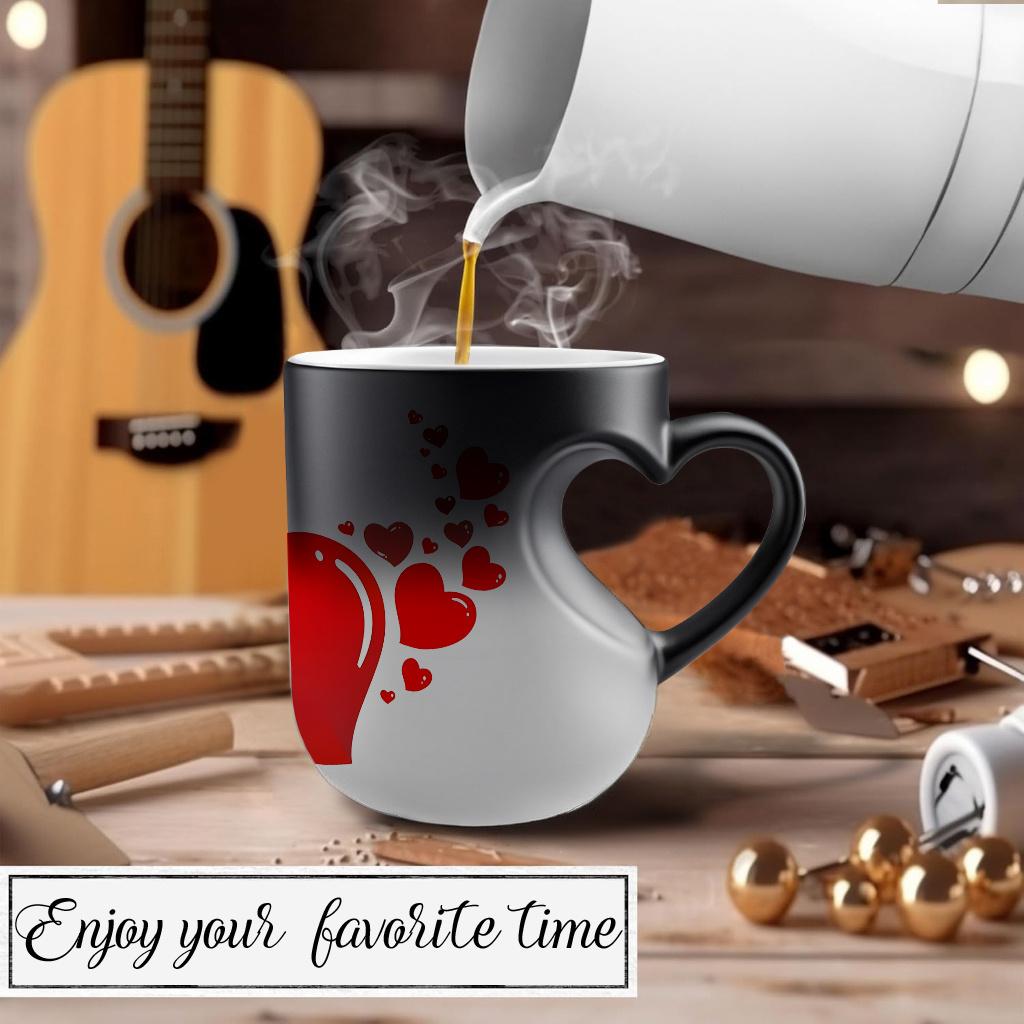 Heart-Shaped Handle Temperature Sensing Ceramic Mug - 11 oz/330 ml, Color Changing Coffee Mug, Hot and Cold Conversion, Reusable, Non-Slip Design, Ideal Gift for Mother's Day or Celebrations
