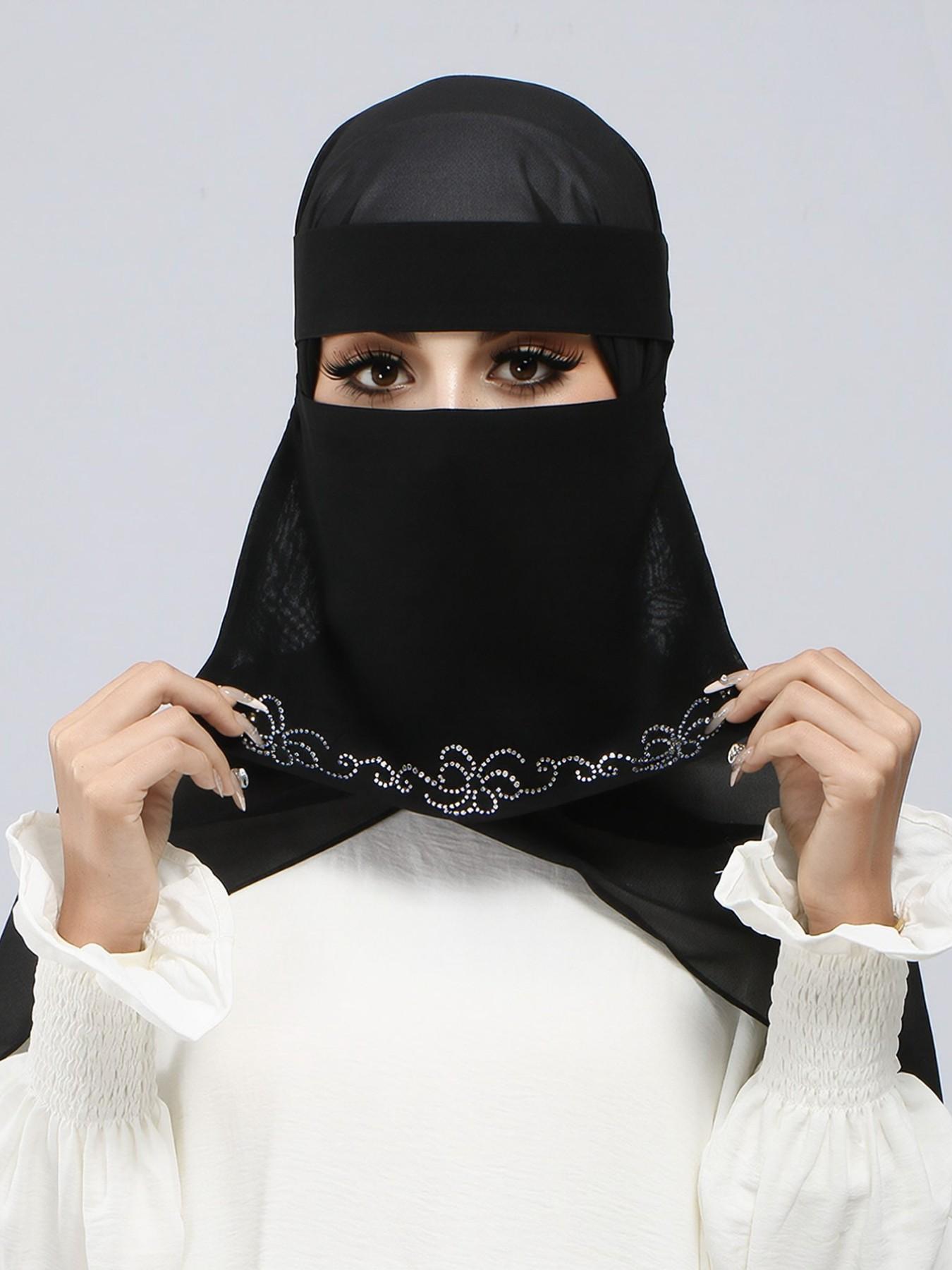 1PC Middle Eastern Fashion Rhinestone Chiffon Niqab, Elegant Floral Rhinestone Veil for Women, Muslim Daily Wear, Outdoor Sun Protection Face Mask