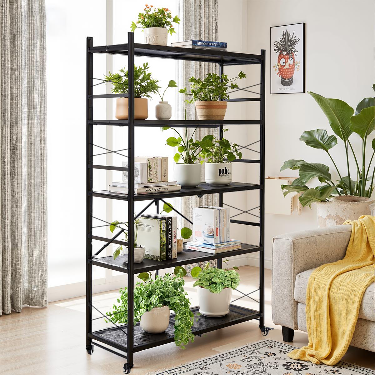 Grezone 3/4/5 Tier Foldable Storage Shelf with Wheels,Collapsible Shelving Unit Display,Rolling Cart for Books Kitchen Storage Shelves Steel