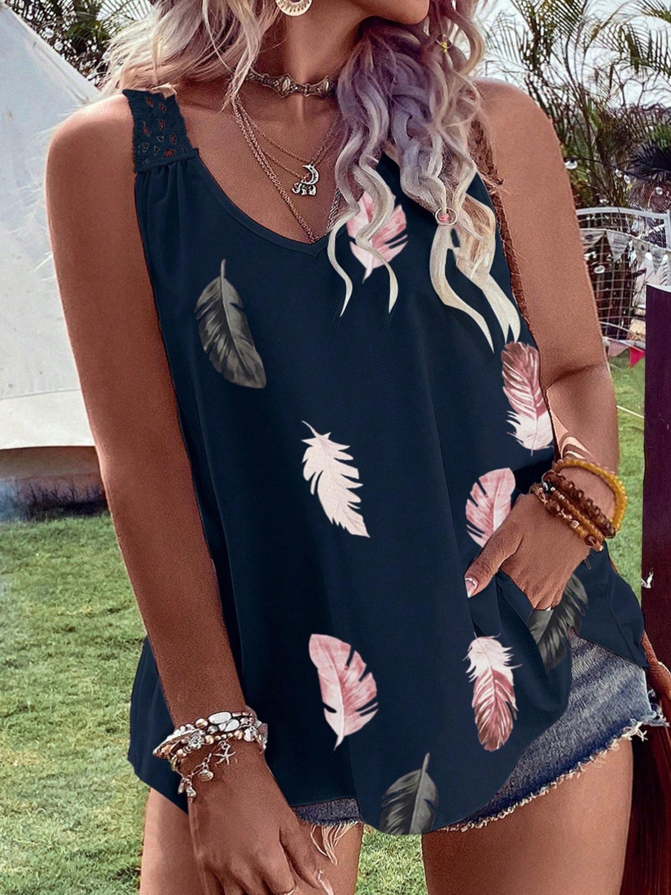 Plus Size Feather Print Hollow Out V Neck Tank Top, Plus Casual Fashion Sleeveless Top for Summer, Women's Plus Clothes for Beach Holiday Vacation Bohemian