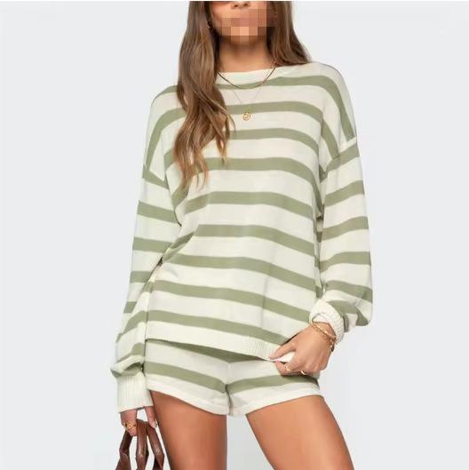 Women's Y2K Cute 2 Pieces Set Striped Color Long-Sleeve Knitted Sweater Top Shorts Waist Drawstring Suitable For Travel And Daily Wear Casual Sweater Matching Sets Woman Spring Autumn Outfits Clothes Back To School