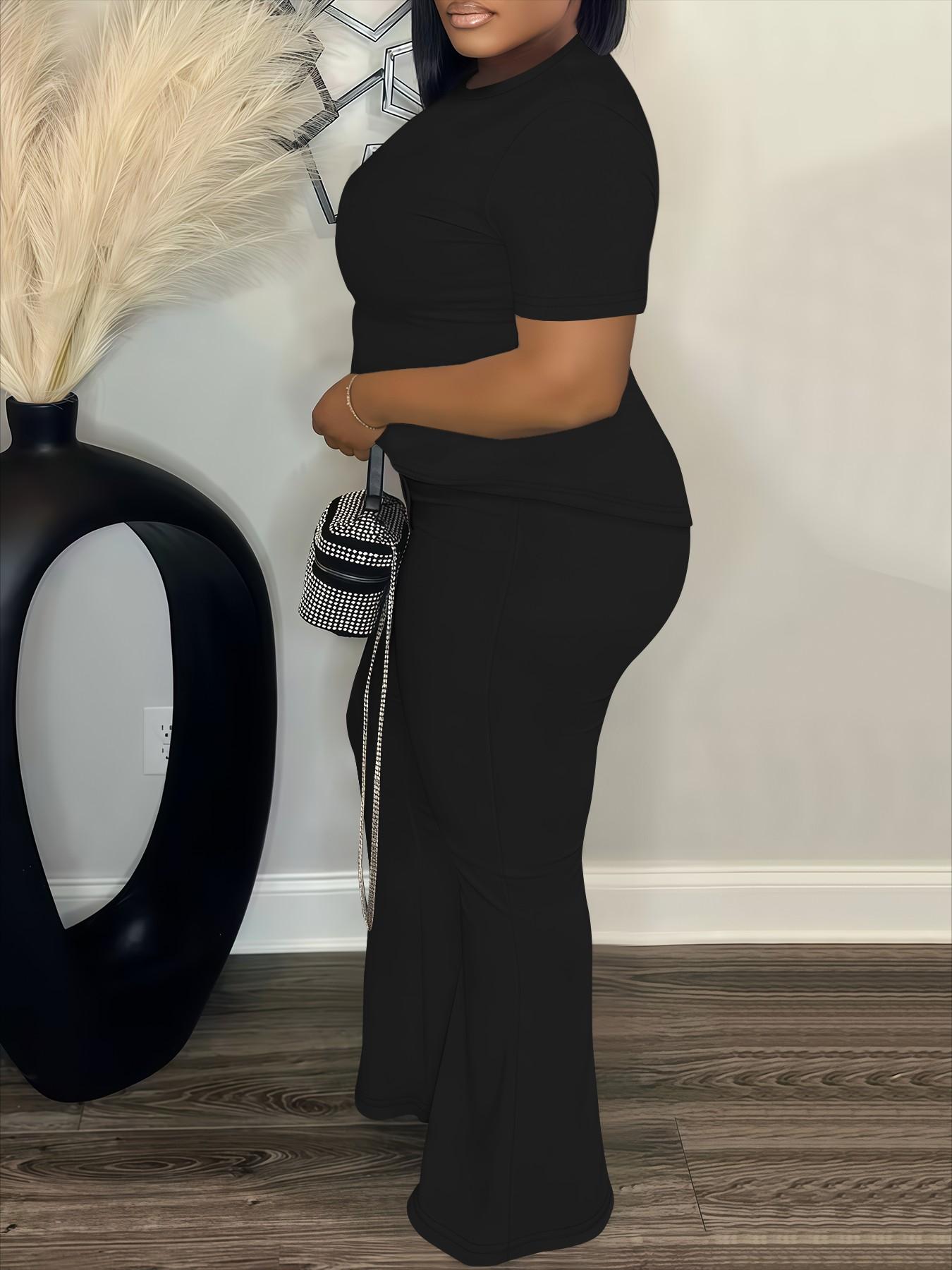 Women's Fashion Casual Short Sleeve Set, Plain Loose-Fitting High Waist Pants & Top, Spring & Fall, Plus Size