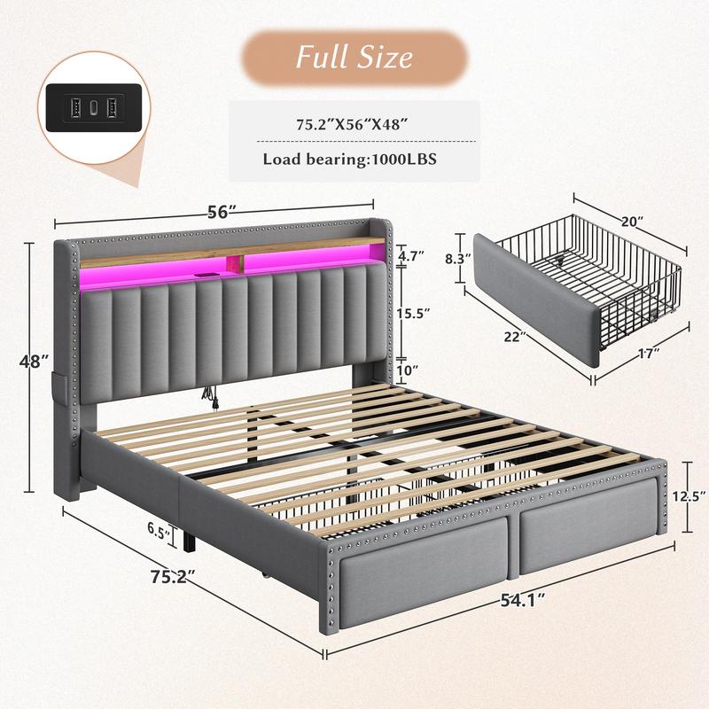 Luxury King/Queen/Full Bed Frame with Storage Shelf & 2 Drawers,NO MATTRESS, Upholstered Bed Frame with LED &Power Outlet, Holds 1000lbs, No Noise, Metal Frame & Wood Slats