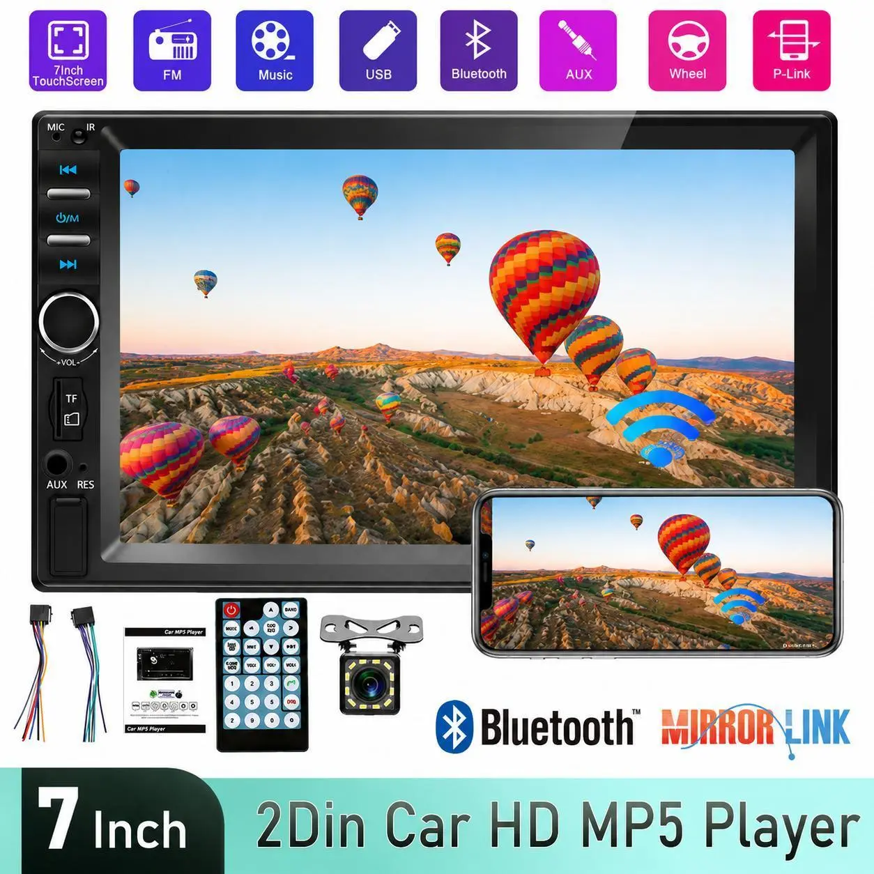 【Toolupgrade】7-in HD Double Din Car Stereo with Backup Camera, Bluetooth Hands-Free Calling, Mirror Link Touchscreen Car Screen Display, FM Receiver, USB/TF/AUX Multimedia Player, Plastic Build, Integrated Speakers, Stable Power Supply, APE Audio Support