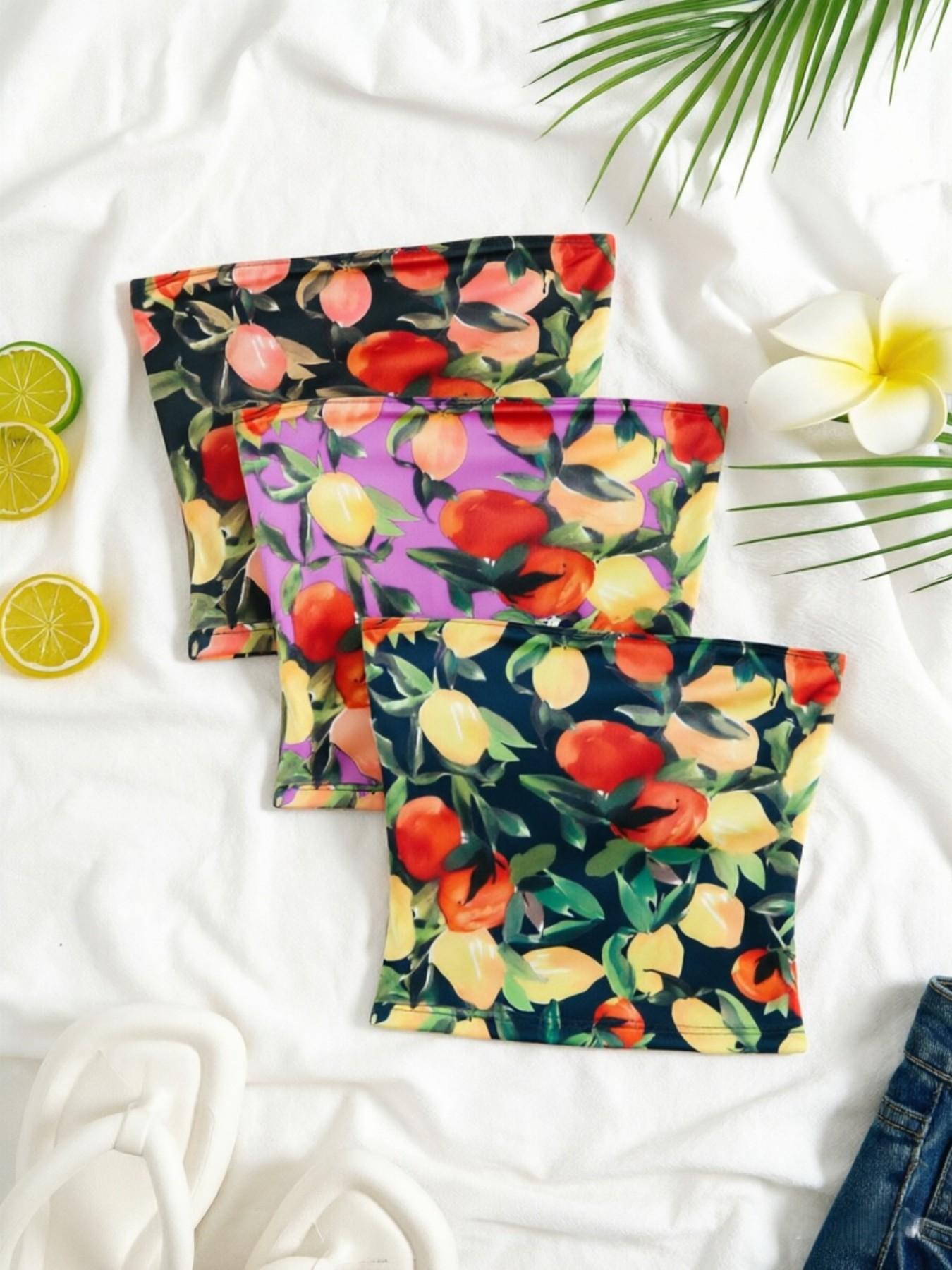 Three-Piece Summer Women's Fruit Print Strapless Short Top, Sexy Off-Shoulder Short Top, Vintage Lemon Peach Pattern Slim Fit Tube Top