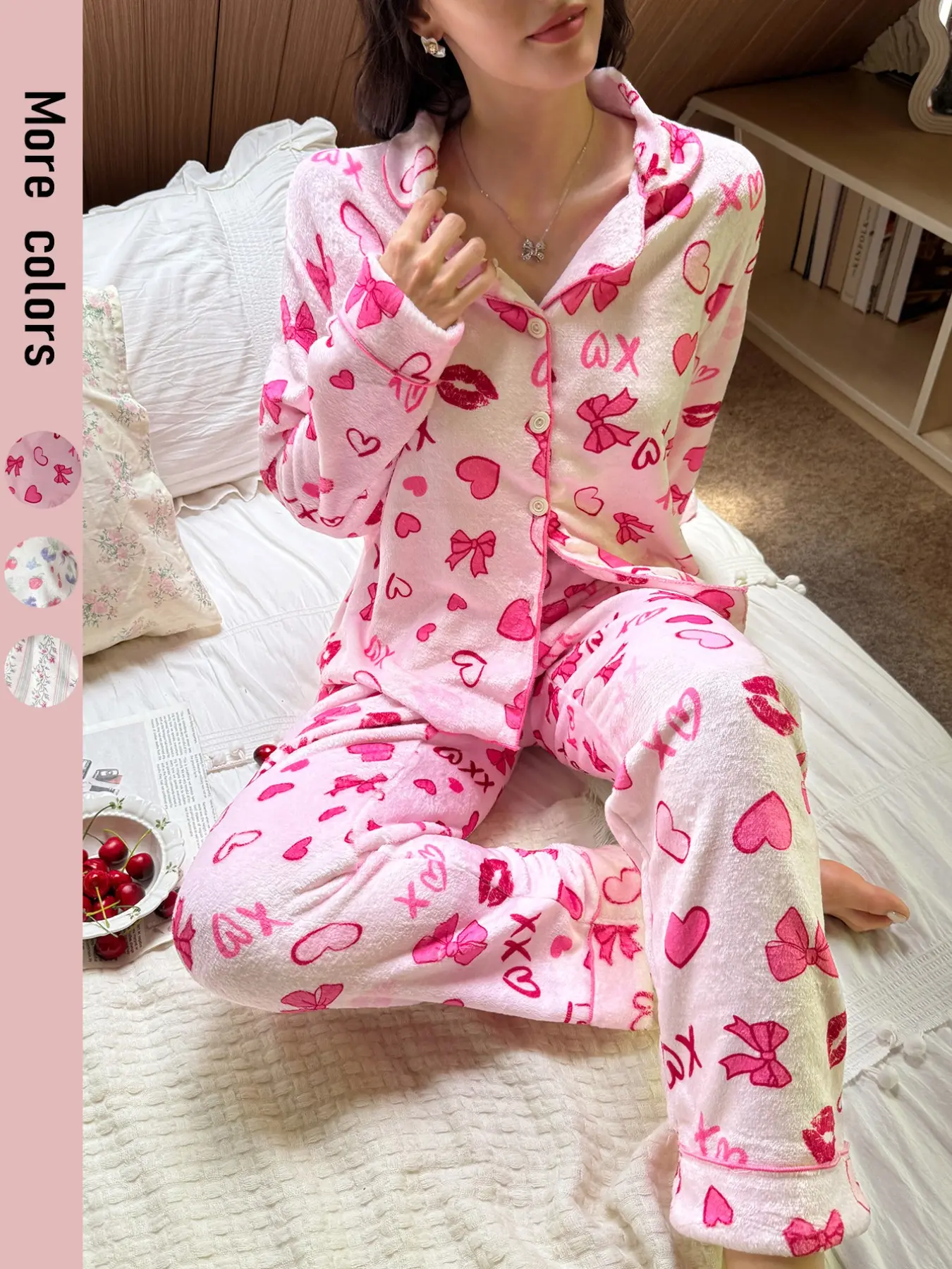 Women's Flannel Butterfly Heart Print Pajama Set, Plush Long Sleeve Top + Pants, Comfortable Fall Winter Sleepwear