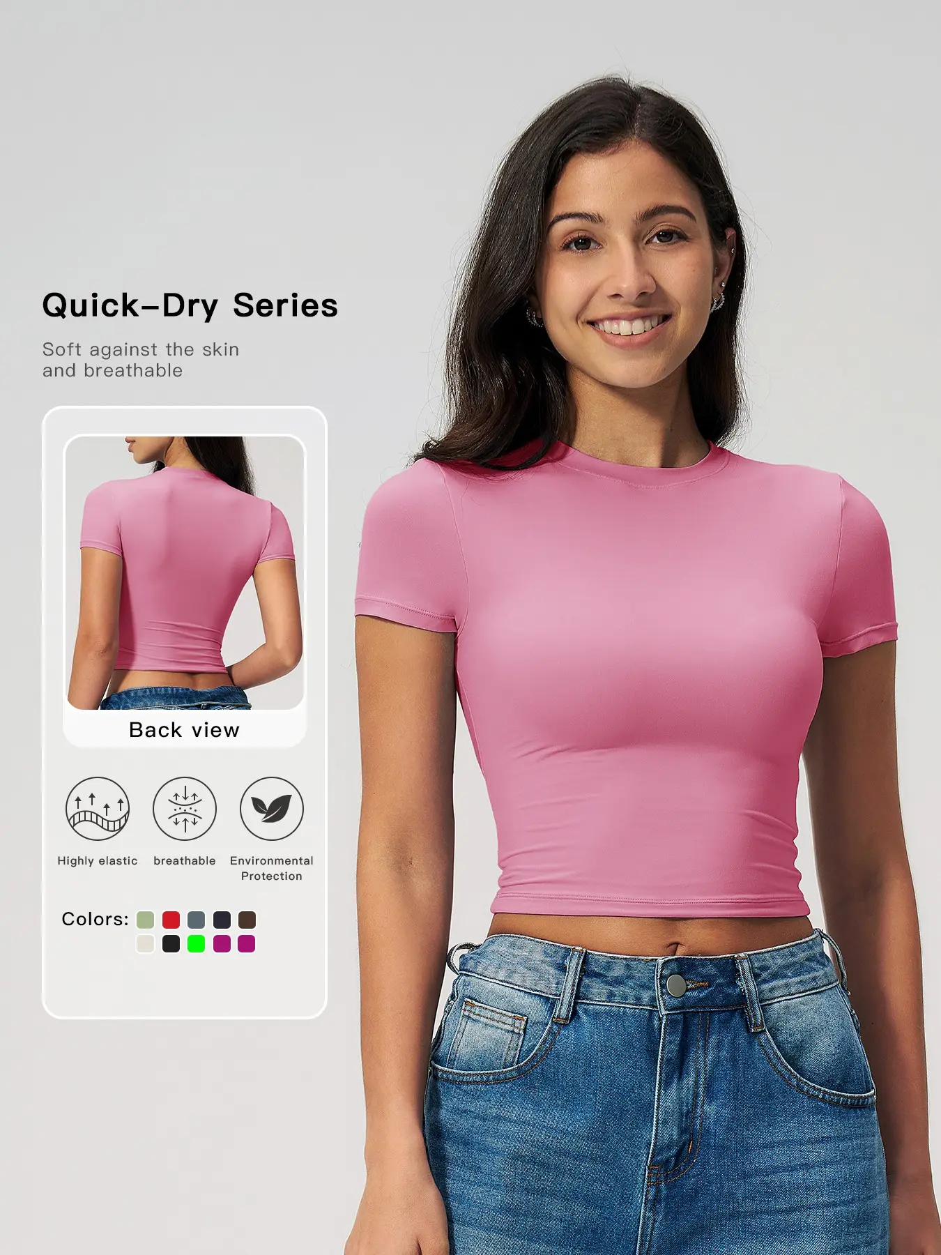 Women's Plain Round Neck Crop Sports Tee, Sporty Casual Tight-fitting Short Sleeve T-shirt for Yoga Gym Workout Running, Ladies Sportswear Clothing for Summer, Casual Workout Tops, Fitness Sport Top