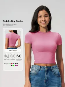 Women's Plain Round Neck Crop Sports Tee, Sporty Casual Tight-fitting Short Sleeve T-shirt for Yoga Gym Workout Running, Ladies Sportswear Clothing for Summer