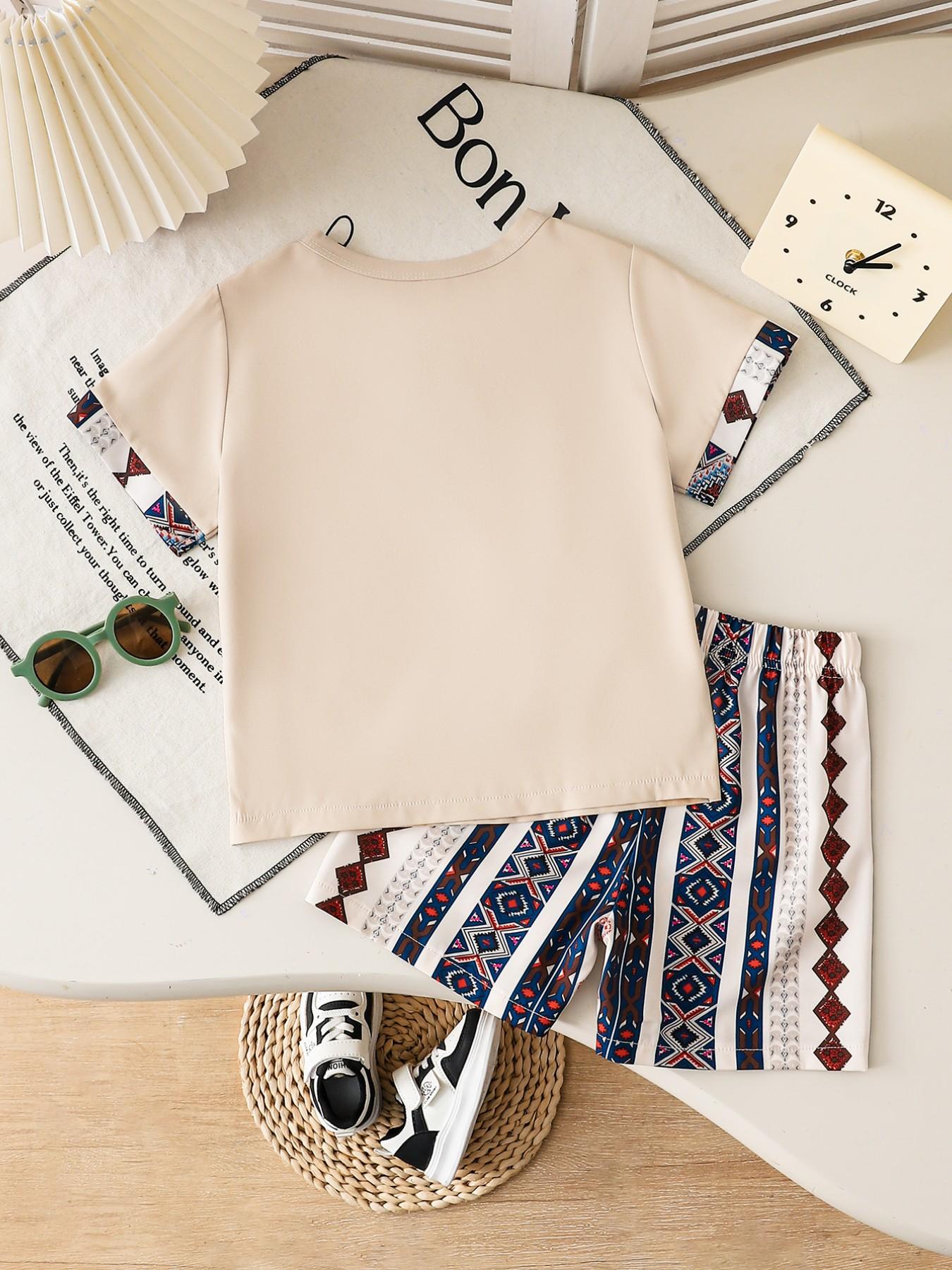 Boys' Summer Classic Fashion Set, Button Half-Open Crew Neck Short Sleeve Top & Geometric Pattern Shorts, Breathable 2-Piece