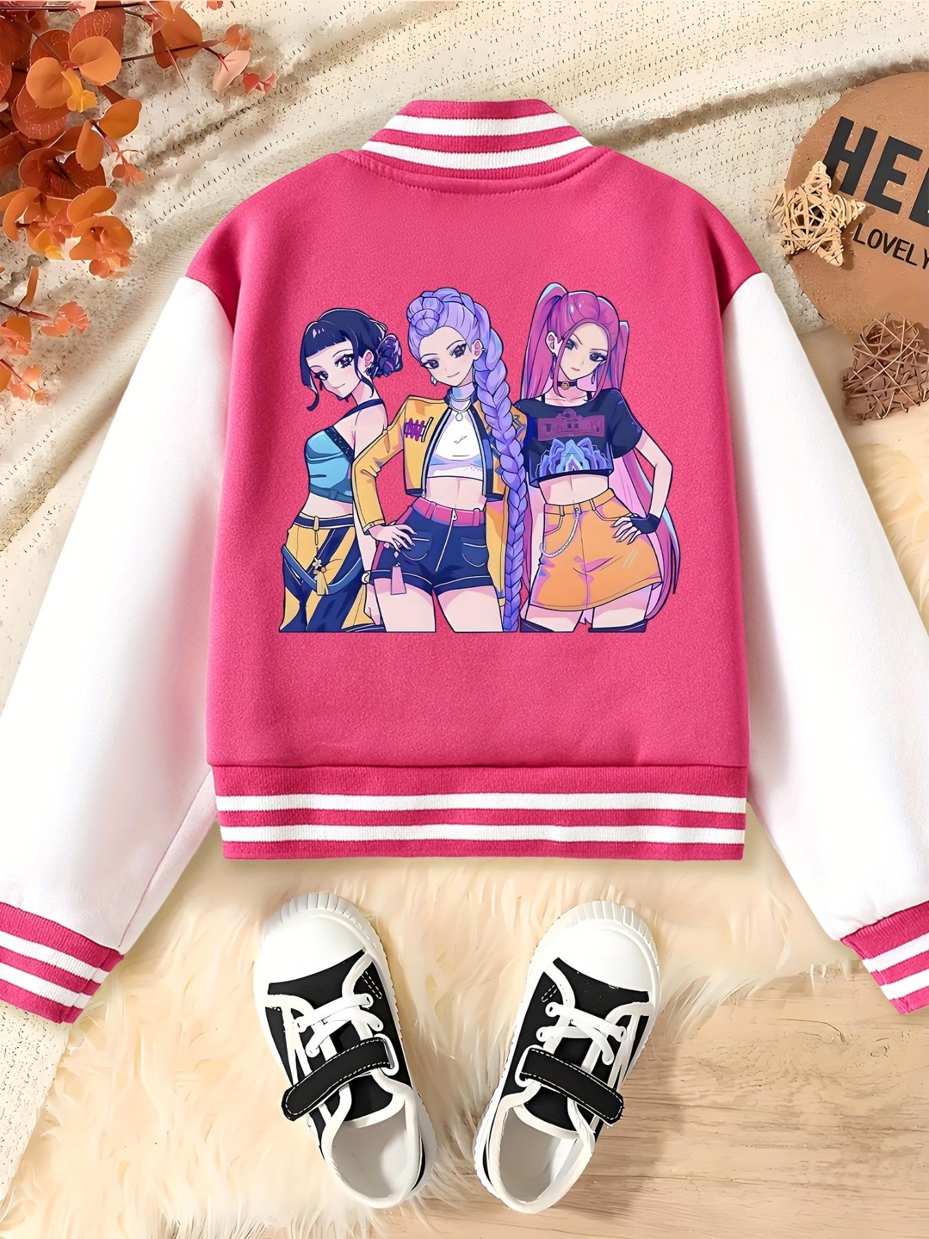 Kpop Anime Girl Print Fitted Letter Jacket, Elastic Fabric, Girls' Street Style Sportswear, Fall & Winter Halloween Alternative