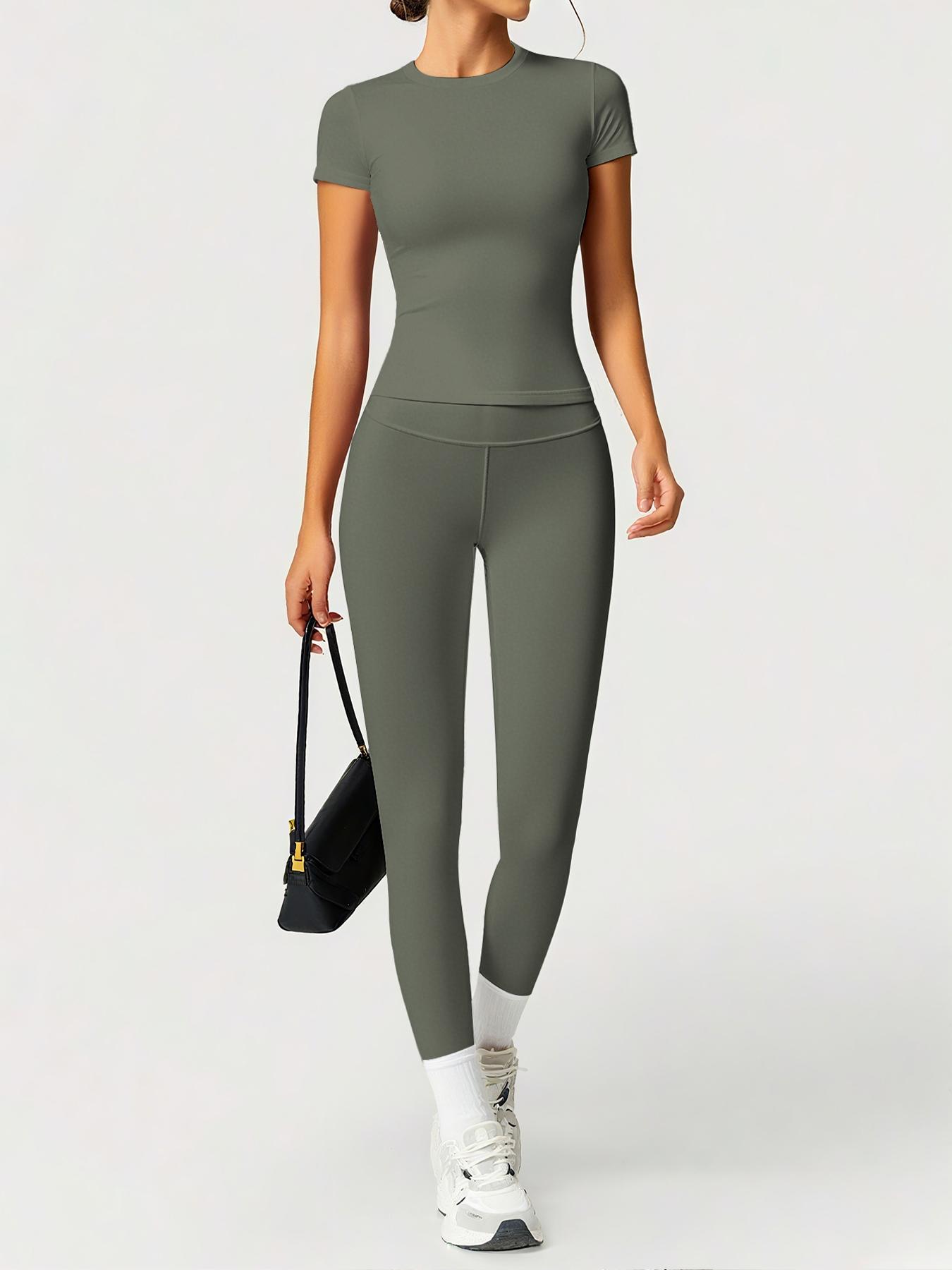 Women's Sporty Fitted Yoga Tracksuit Set, Soft Breathable Stretch Fabric Activewear Short Sleeve Top & Elastic Pants, Ideal for Fitness Running Outdoor Activities