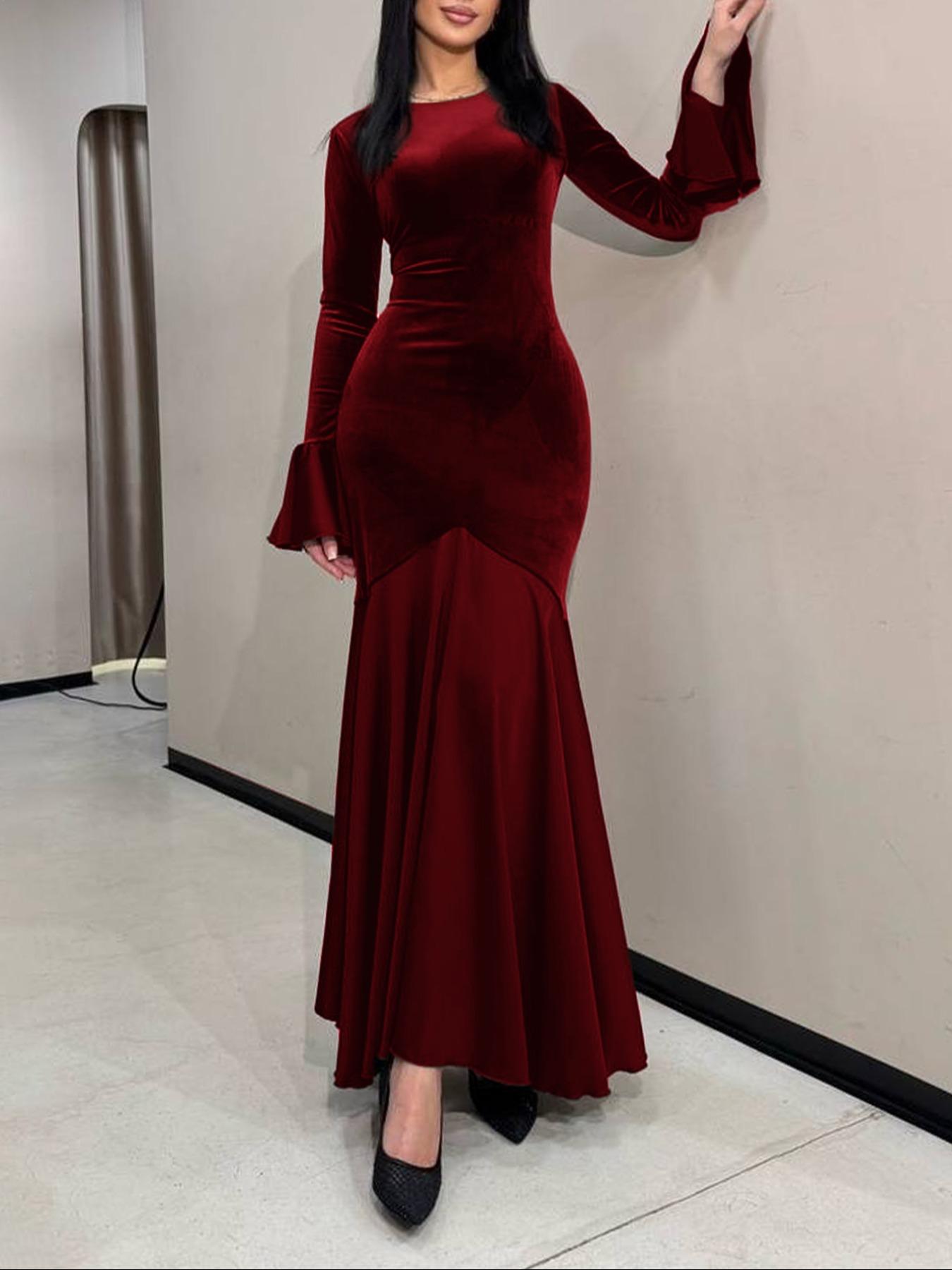 Fashion Elegant Flare Sleeve Lace-Up Bodycon Dress, Long Sleeve Casual Fall Dress, Plain Pattern, Slender-Fitting Design