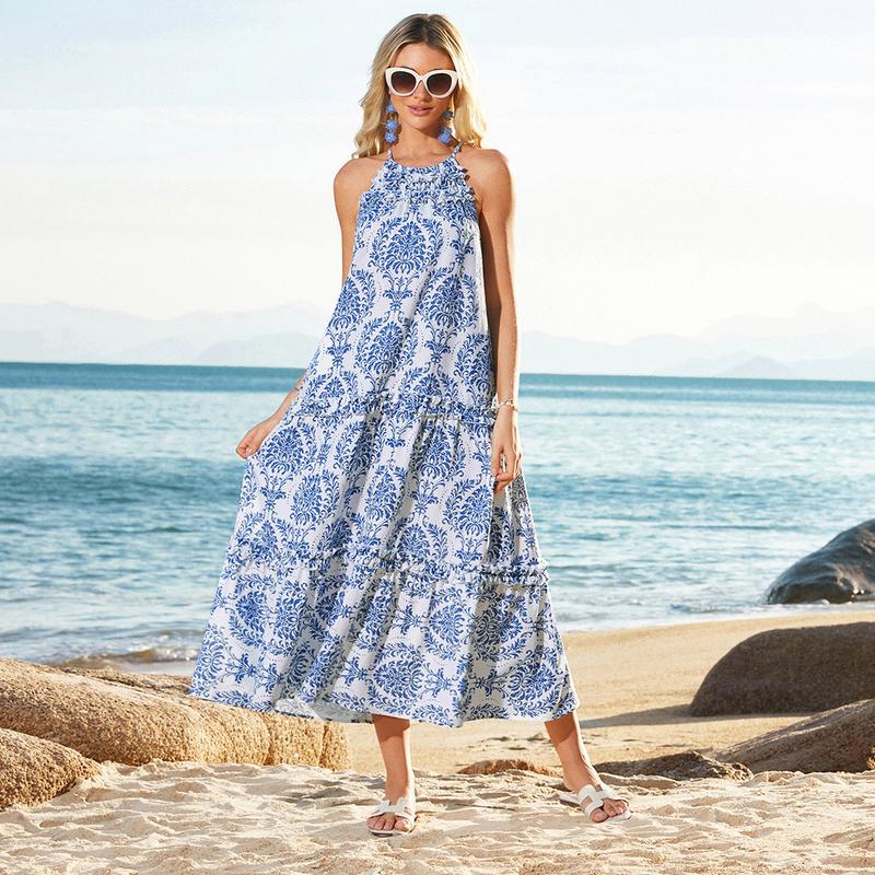 【Valentine's Day Limited】【Runs Large | Size Down】GRACE KARIN Women's Maxi Boho Dress Casual Summer Loose Long Floral Sundresses Flowy Halter Tiered Beach Vacation Outfits
