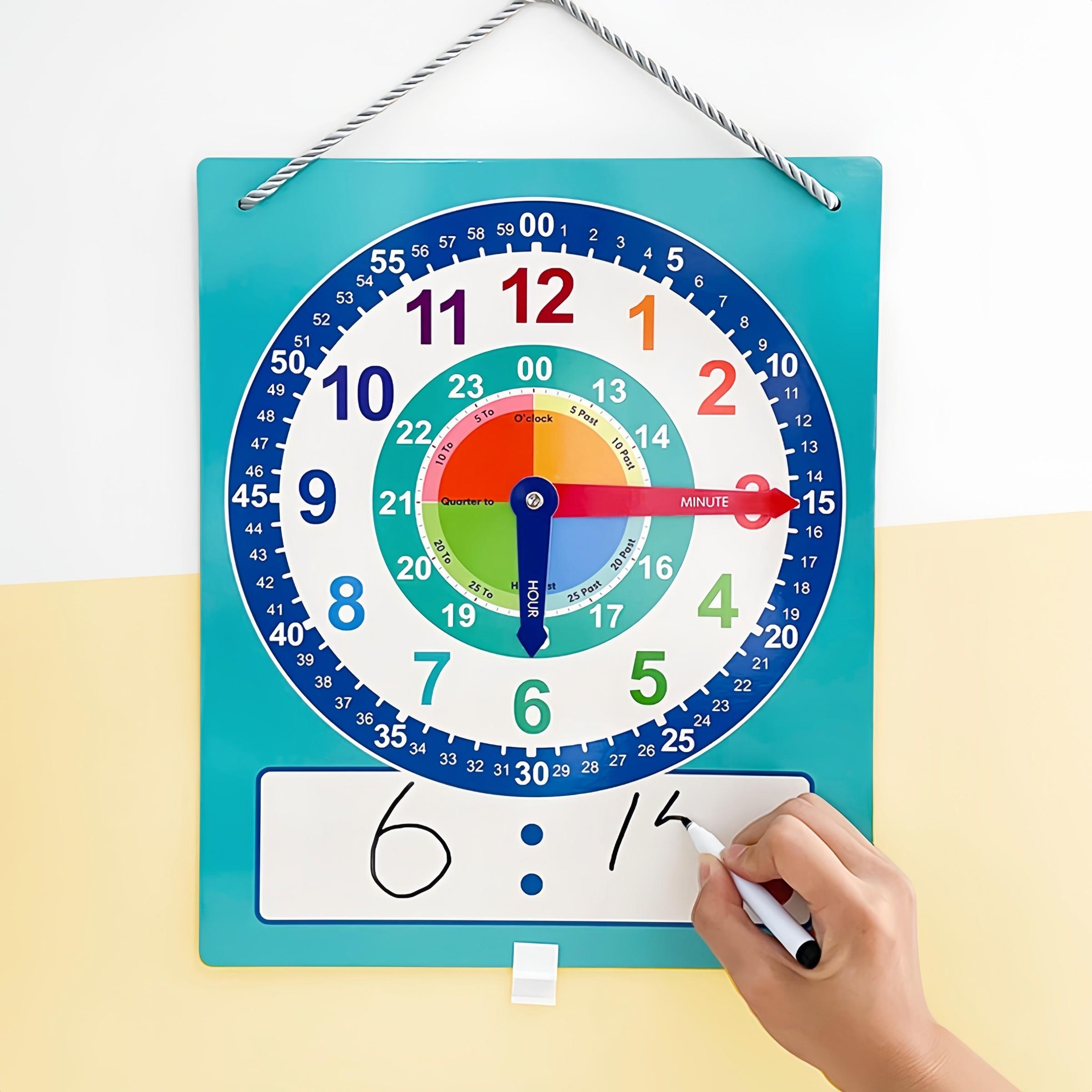 Teaching Clock Teaching Aid, Time Recognition Learning Teacher Tool, Includes Erasable Pen, Suitable for Daily Home Classroom Study, Math Learning Tools, Visual Learning Tools
