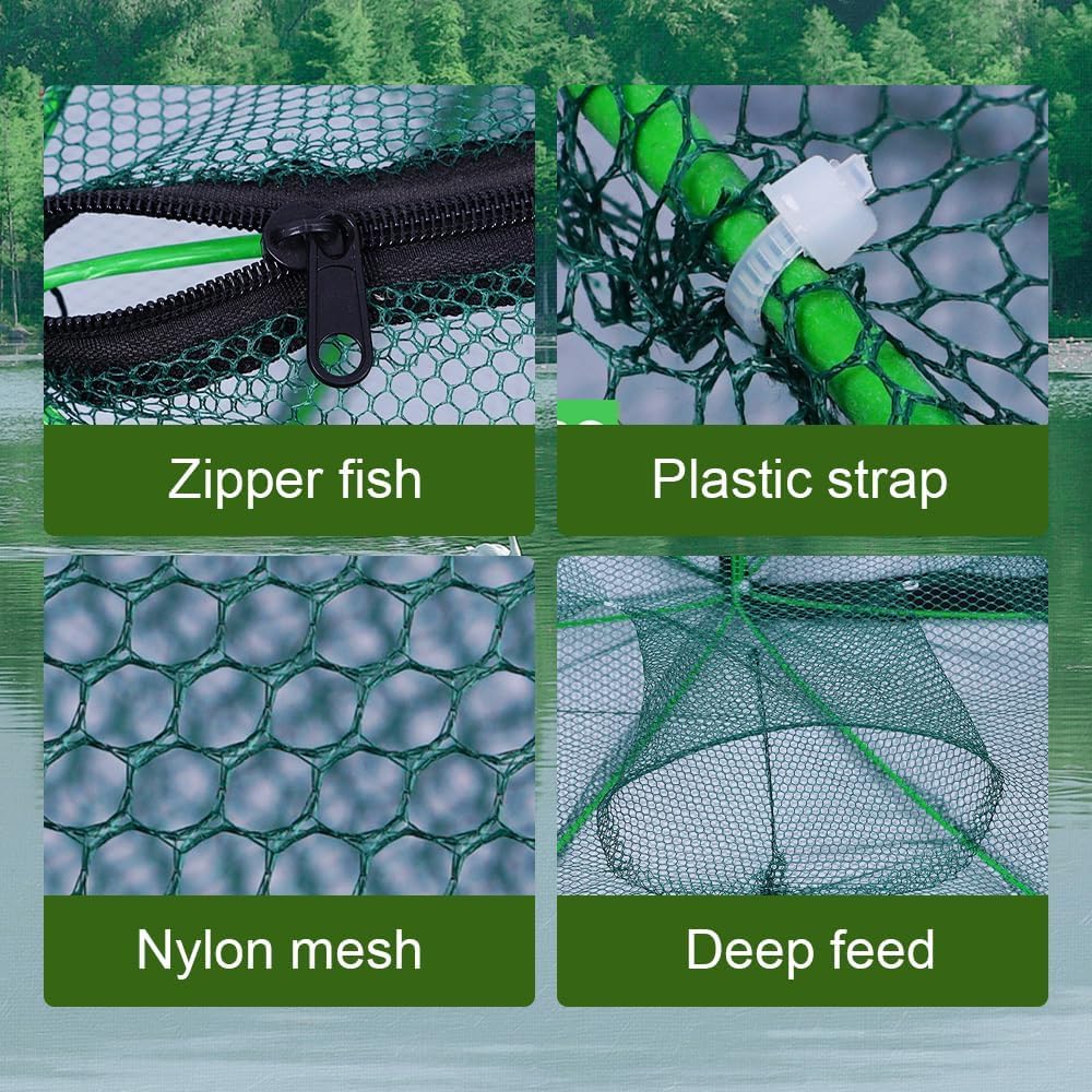 Automatic Folding Reinforced Durable Fishing Mesh Fishing Trap Net Set, Baitcasting Lure Kit for Carp Catfish Shrimp Crab Traps (set of 2)