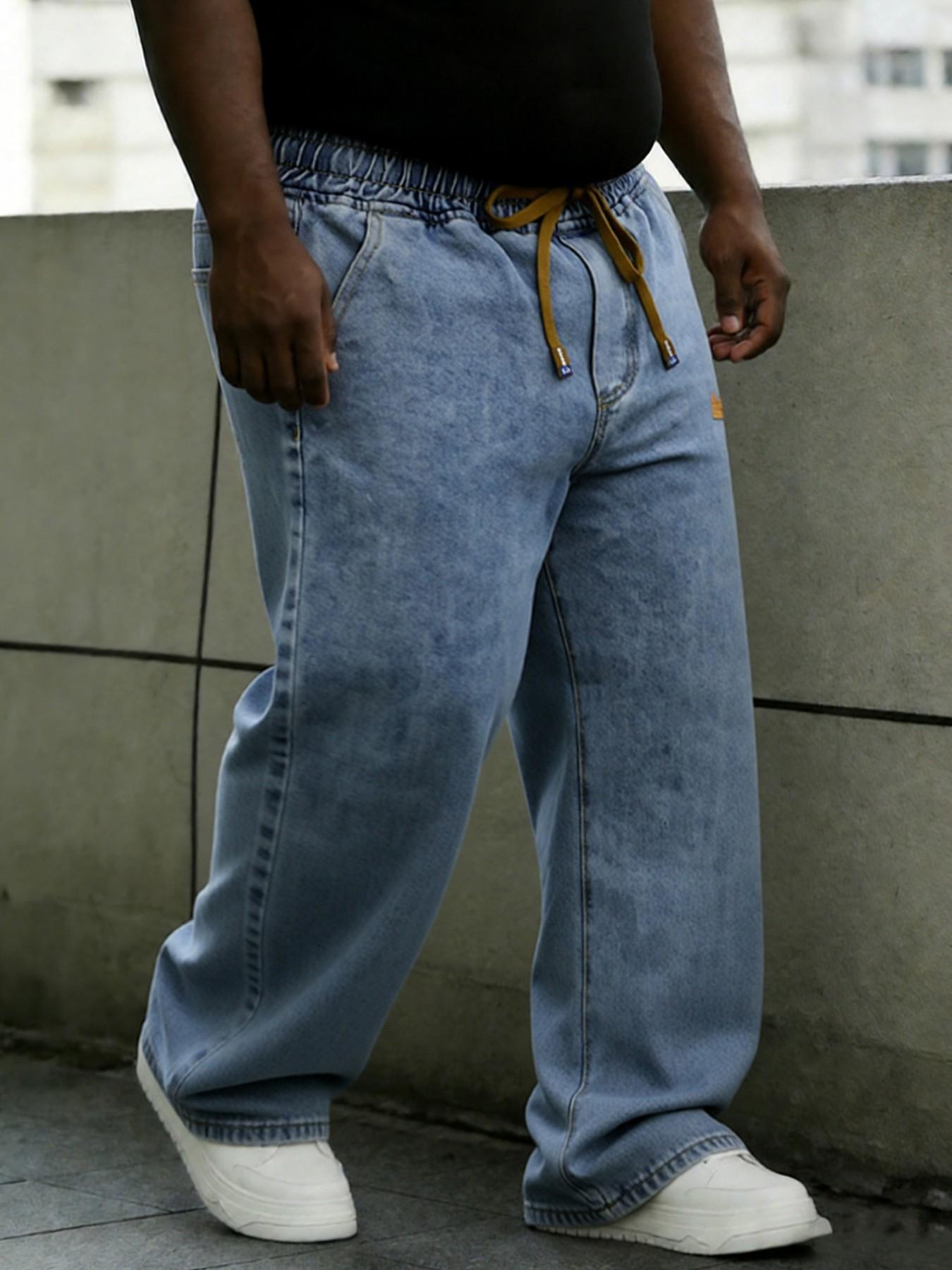 Men's Plus Size Loose Casual Jeans with Pockets, Drawstring Elastic Waist Streetwear, Available in 2XL to 6XL