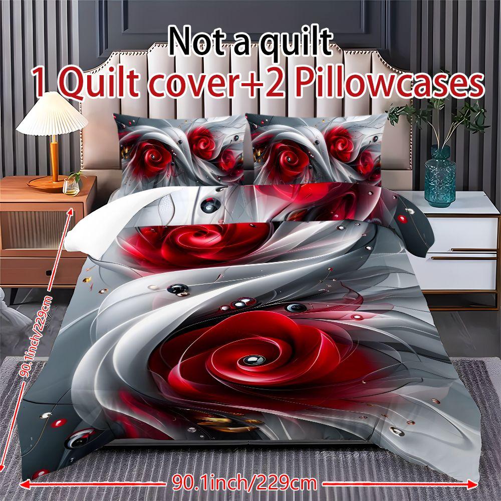 Three-piece bedding set - 2pcs/3pcs 2D Flat silver, white, and red rose abstract pattern duvet cover set (1 duvet cover + 1/2 pillowcases, no insert), multi-color printed bedding set, soft and comfortable, suitable for family bedrooms and guest rooms.