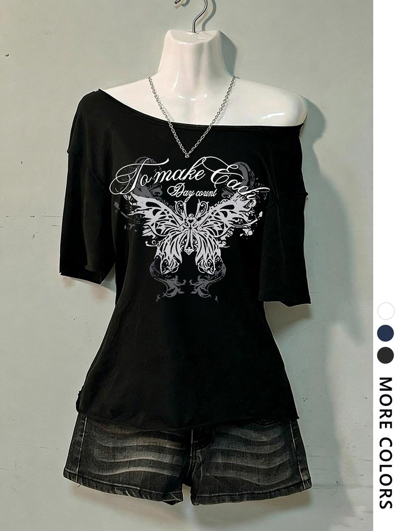 Women's Asymmetrical Neck Digital Print Summer Casual T-Shirt, Vintage Campus Style, Fashion Trend Letter Design