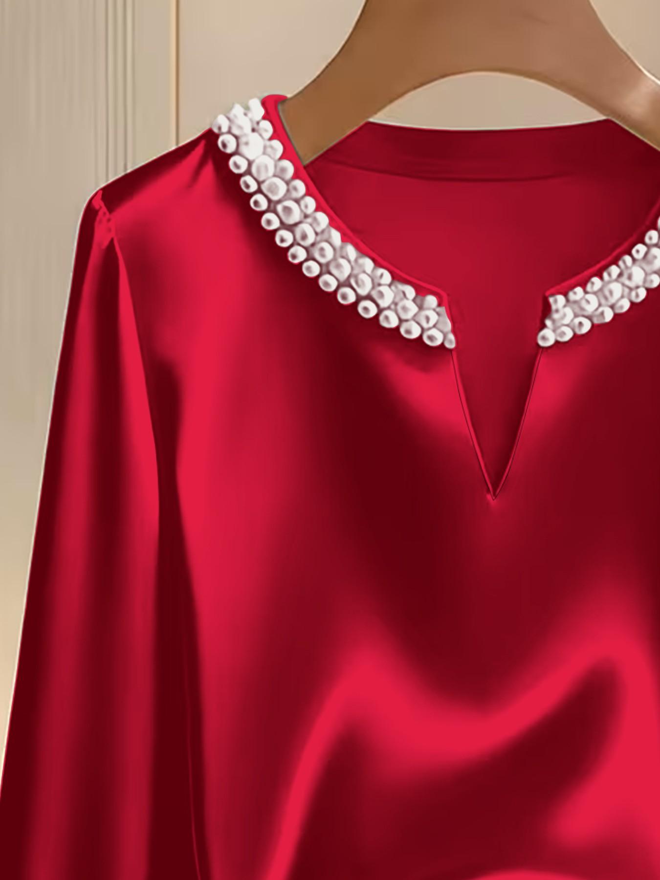 Women's Fashion Pearl V-Neck Solid Long Sleeve Simple Shirt, Elegant Casual Blouse for Daily Wear, Stylish Ladies' Top