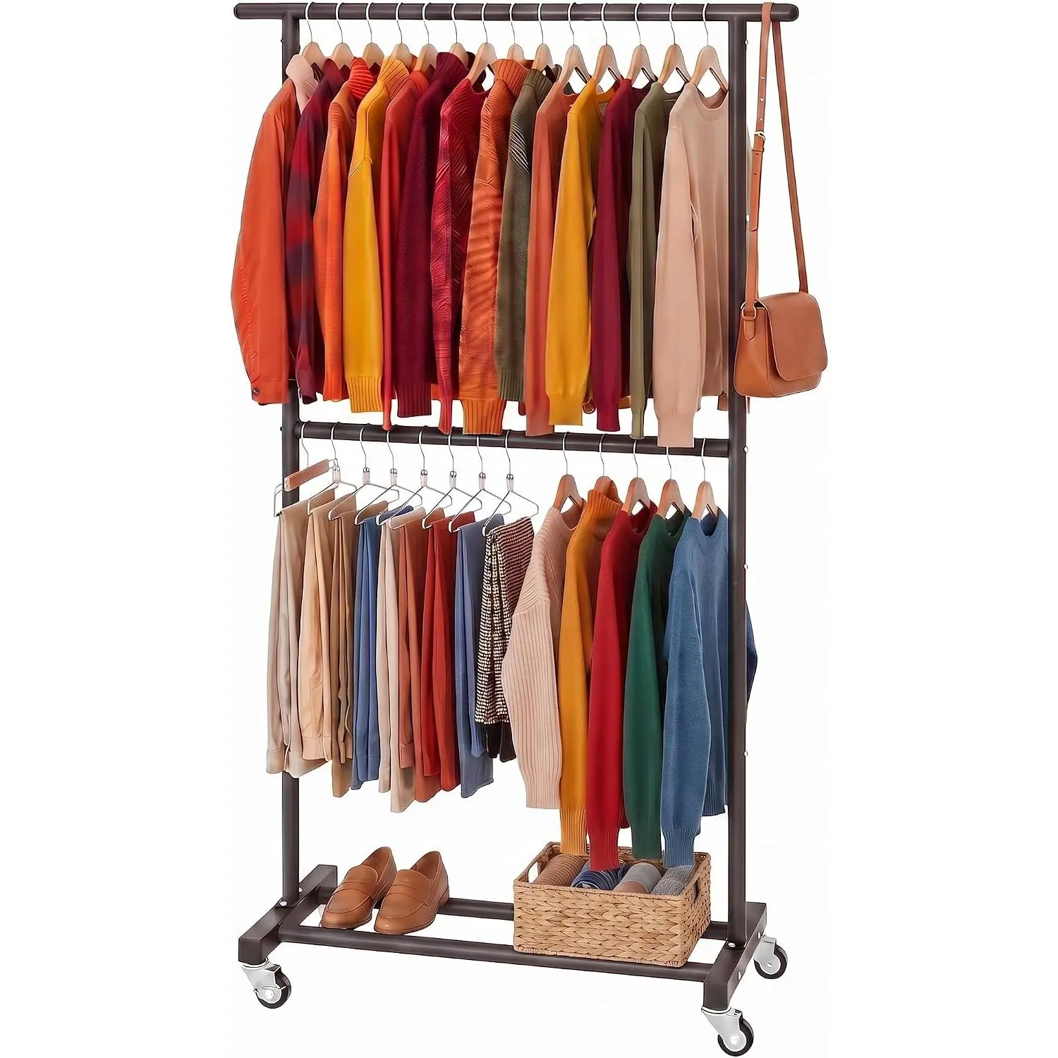 Double Rod Metal Clothing Garment Rack  Wheels, Black | Rolling Clothes Organizer, for  Clothes,Coats,Easy to Assemble,Space-Saving,Mobile Organizer for Closet