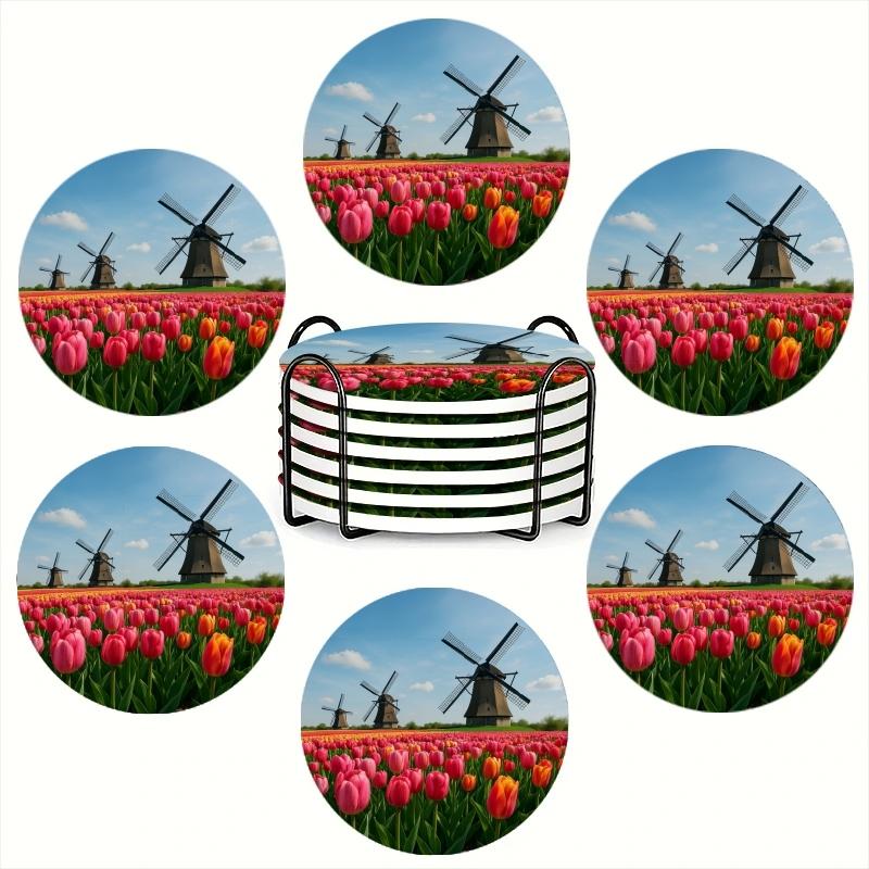 6-Piece Coaster Set Windmill Tulip Design Ceramic Non-Slip Heat Resistant for Coffee & Drinks Home Restaurant Decor Ideal Gift