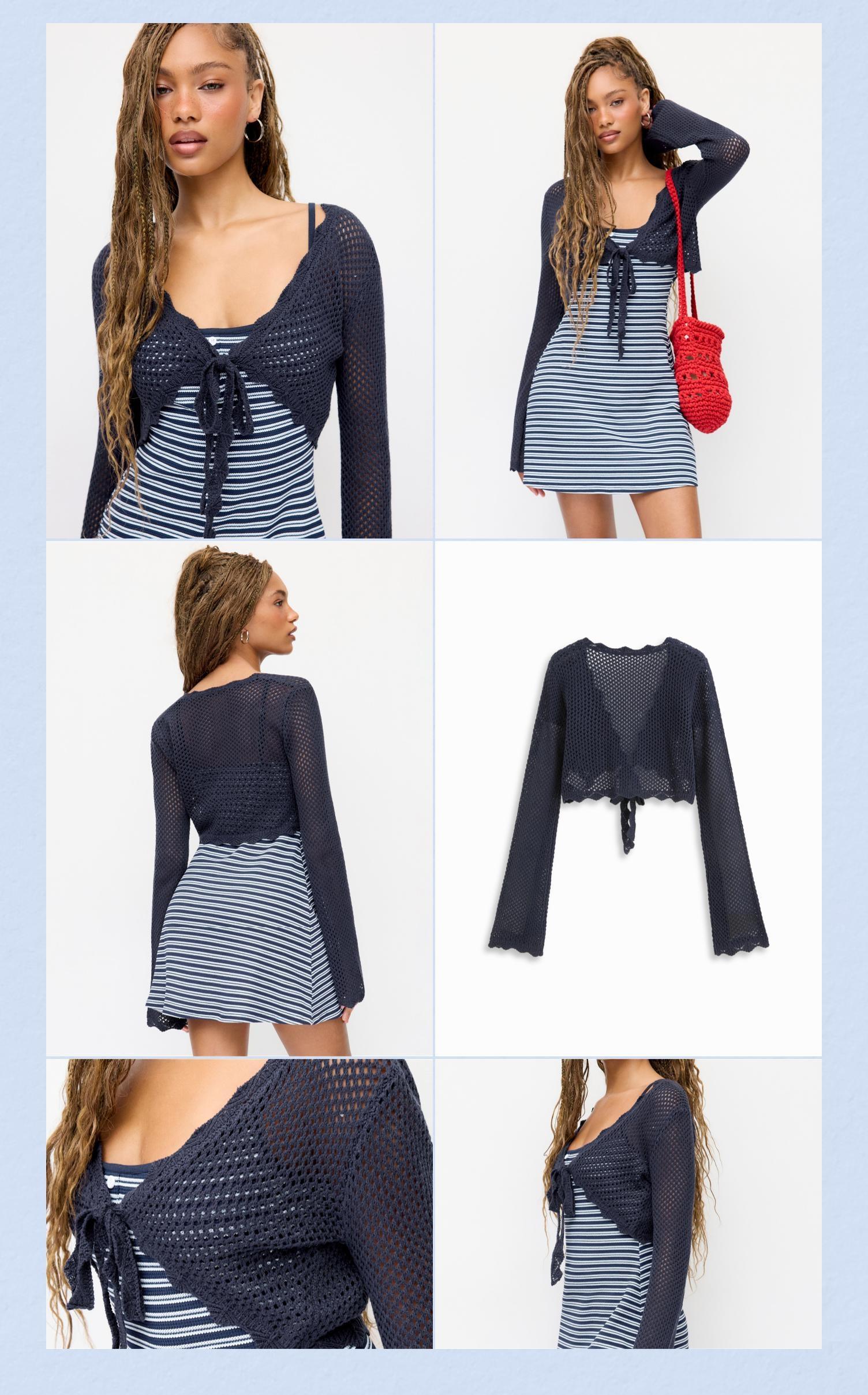 Cider Knit Crochet Hollow Out Bell Sleeve Knotted Oversized Cardigan