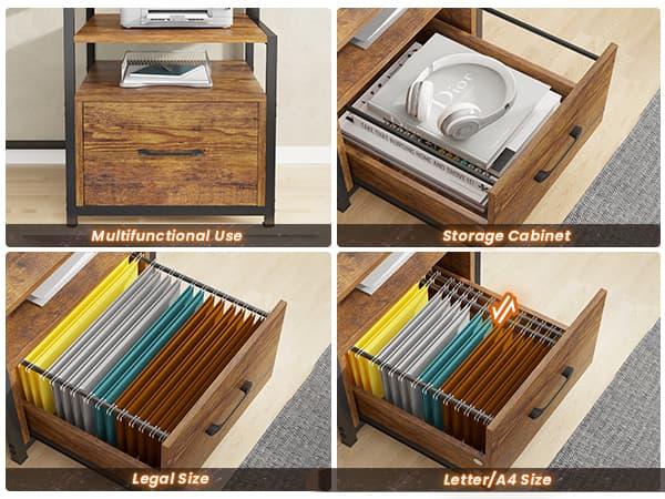 SEDETA 66-inch Home Office Desk with File Drawers and Power Outlets Printer Cabinet with Storage Shelves and Monitor Shelf, Game Table with LED Lights