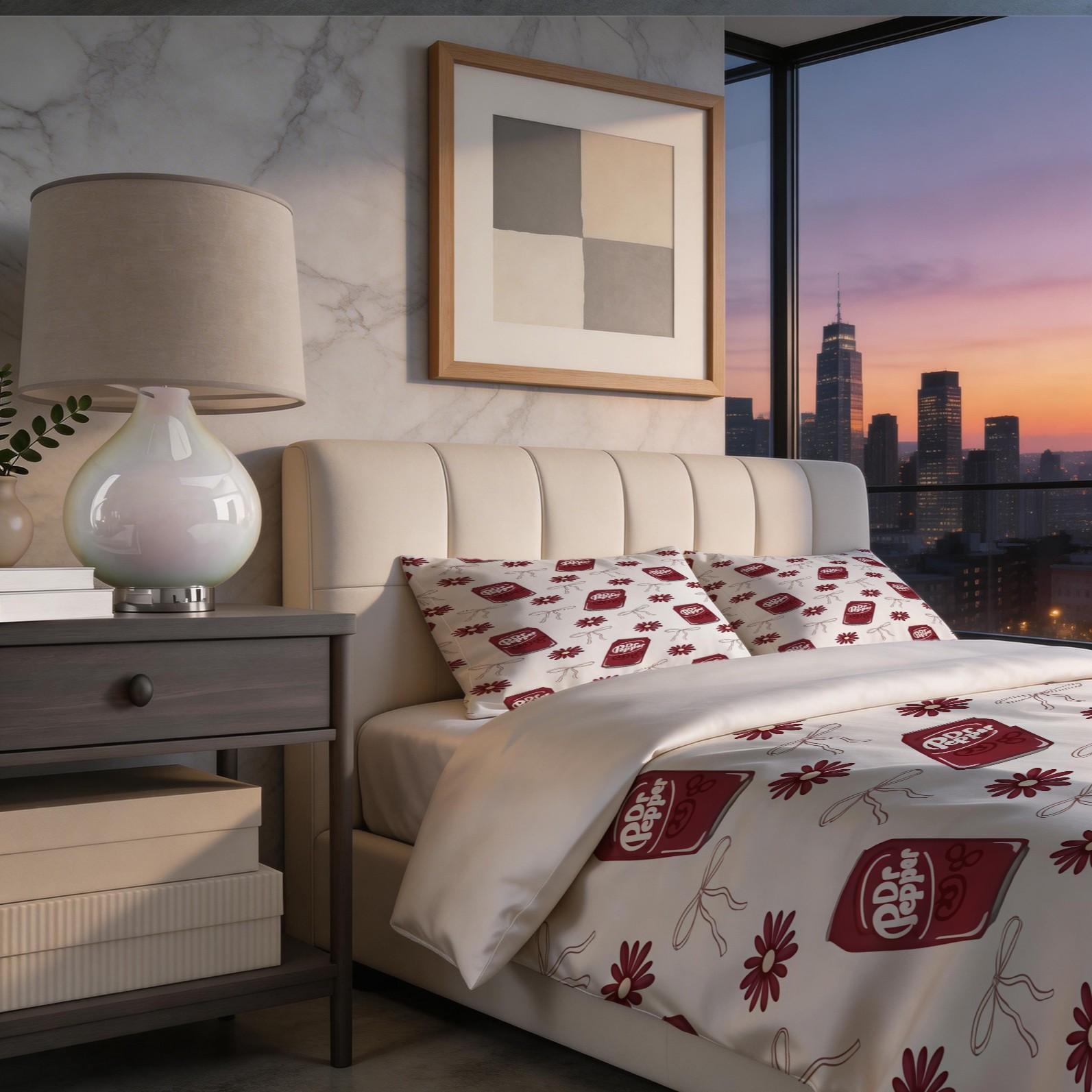 2/3 Piece Dr Pepper Duvet Cover Set, 1 Duvet Cover + 1/2 Pillowcases (NO FILLING INCLUDED), Retro Soda Drink Themed Bedding, Cute Floral Bedroom Decor for Soda Lovers, Ideal Gift for Dr Pepper Fans