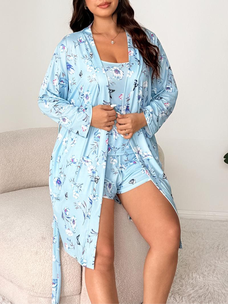 Plus Size Full Floral Butterfly Print Cami Shorts Set, Plus Size Floral Long Sleeve Robe 3 Piece for Spring & Fall, Casual Comfortable Sleepwear