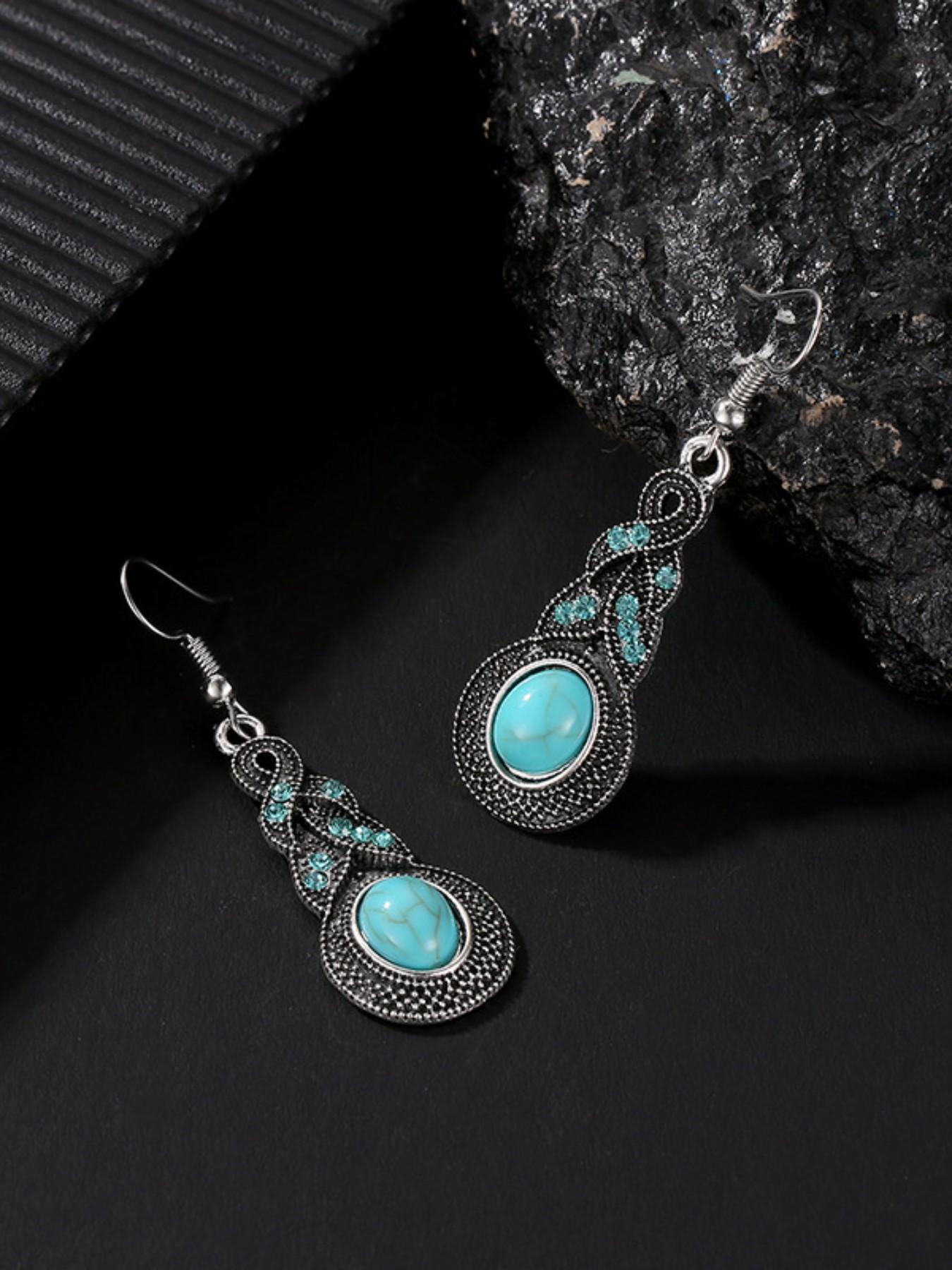 Turquoise Jewelry Set, Alloy Antique Silver Color, Vintage Bohemian Style, Women's Party Daily Commute, Holiday Gift, Teardrop Necklace Earrings Set