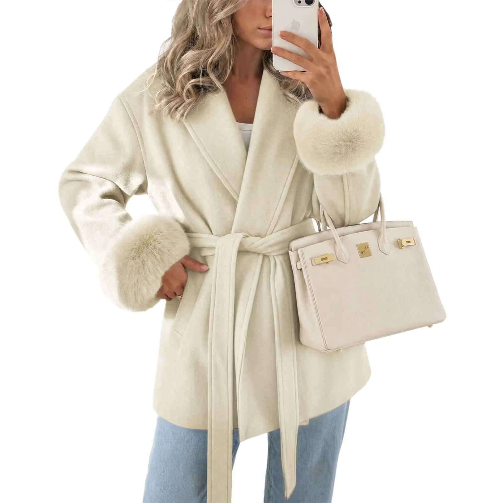 Cicy Bell Women's Wrap Coat| Faux Fur Cuff Shawl Collar Belted Short Winter Outerwear Elegant Warm Jacket