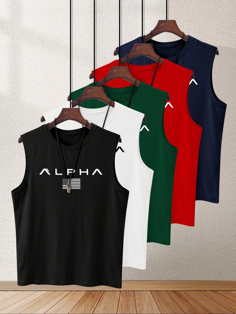 Men's Letter Print Tank Top, Regular Fit Casual Sleeveless Top for Summer, Men's Top for Gym Workout Running, Menswear, Stretch Tank Tops