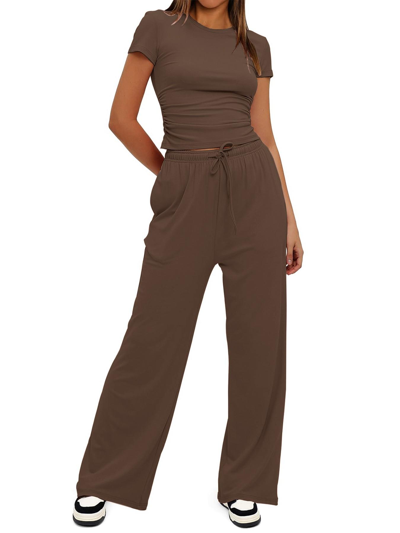 2026 Women's Solid Round Neck Short Tee and Pants, 2- or 6-Piece Set, Casual Comfy Elastic Pajama Set for Women, Cozy Loungewear for Daily Home Wear