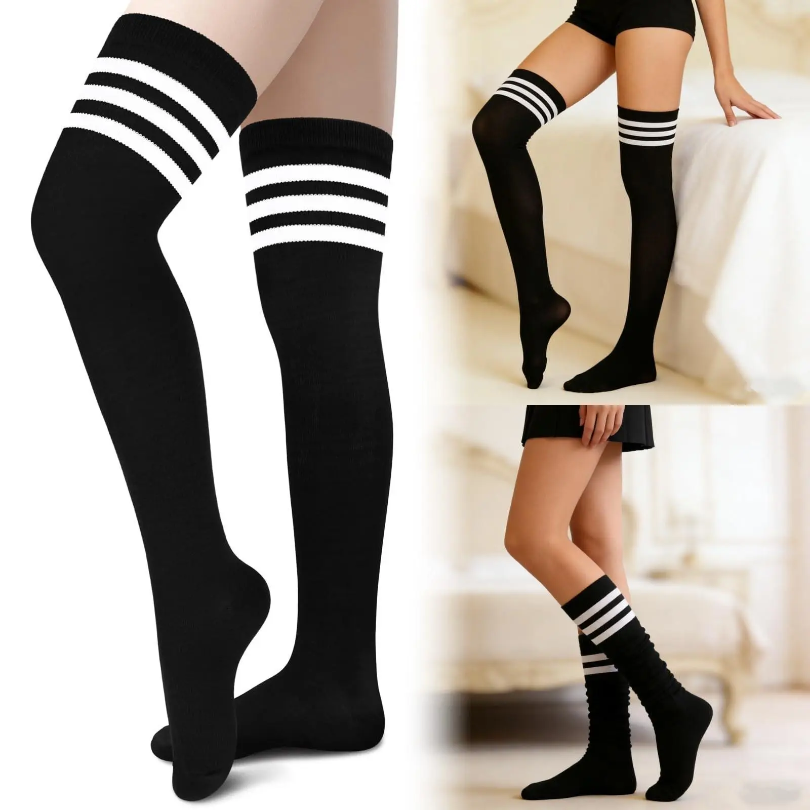 Women's High-Elastic Spandex Stripe Thigh-High Socks - Top-Fit, Comfortable Over-the-Knee Stockings