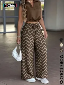 Women's 2-Piece Casual Office, Sleeveless Collared Short Top + Geometric Wave Jacquard High-Waisted Drawstring Wide Leg Pants