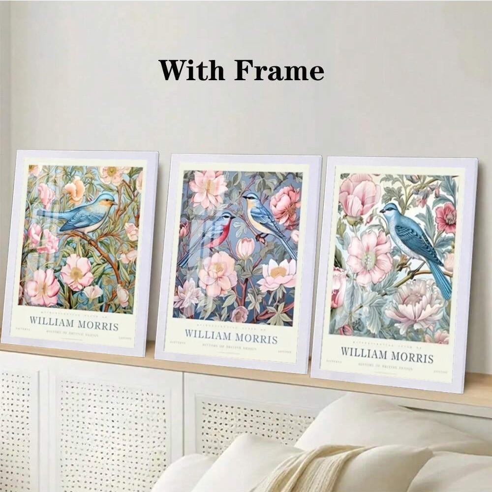 3 Pieces Optional Wooden Frame William Morris Floral Bird Wall Poster Canvas Painting Floral Wall Art Plant Retro Print Living Room Home Decor Color Accurate Reproduction Hanging Painting Clear Texture Canvas Print