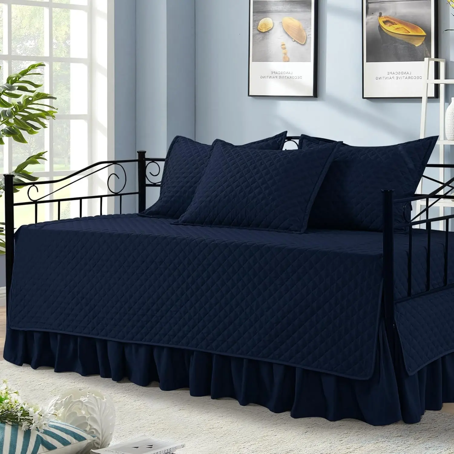5 Piece Daybed Sets, Quilted Daybed Bedding Set, Twin Size All Season Cozy Daybed Covers Set with Bedskirt and Shams, 75"x39", Navy Blue