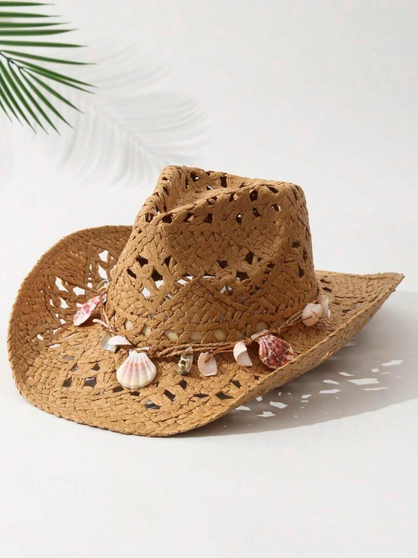 Women's Straw Pearl Shell Cowboy Hat, Foldable Beach Sun Protection Hat, Wide Brim Western Hat, Summer Fashion Accessory, Casual Hat