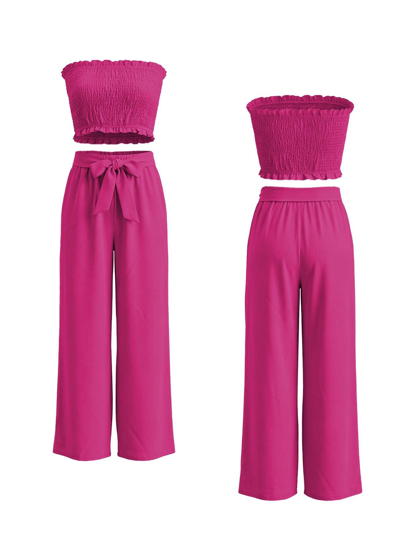 Women's 2-Piece Vacation Set, Fit, Strapless Top with Tie-Up Design, High-Waisted Wide-Leg Pants, Perfect for Beach Parties, Womenswear