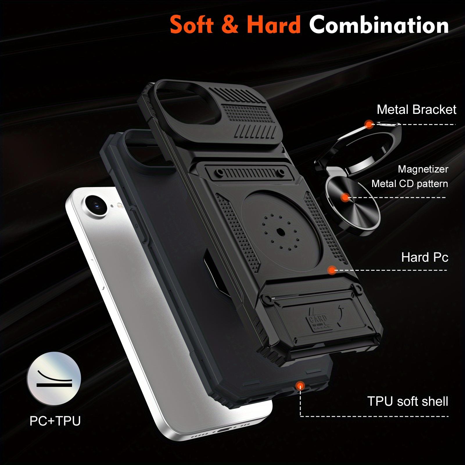 Rugged Smartphone Wallet Card Holder Case with Cash Slot, Handheld Device Accessories for iPhone 17/16/15/14/13/12 Pro Max Plus Air, Built-in Ring Kickstand, Heavy Duty Anti-Drop Dual Layer TPU-PC Shell, Devices