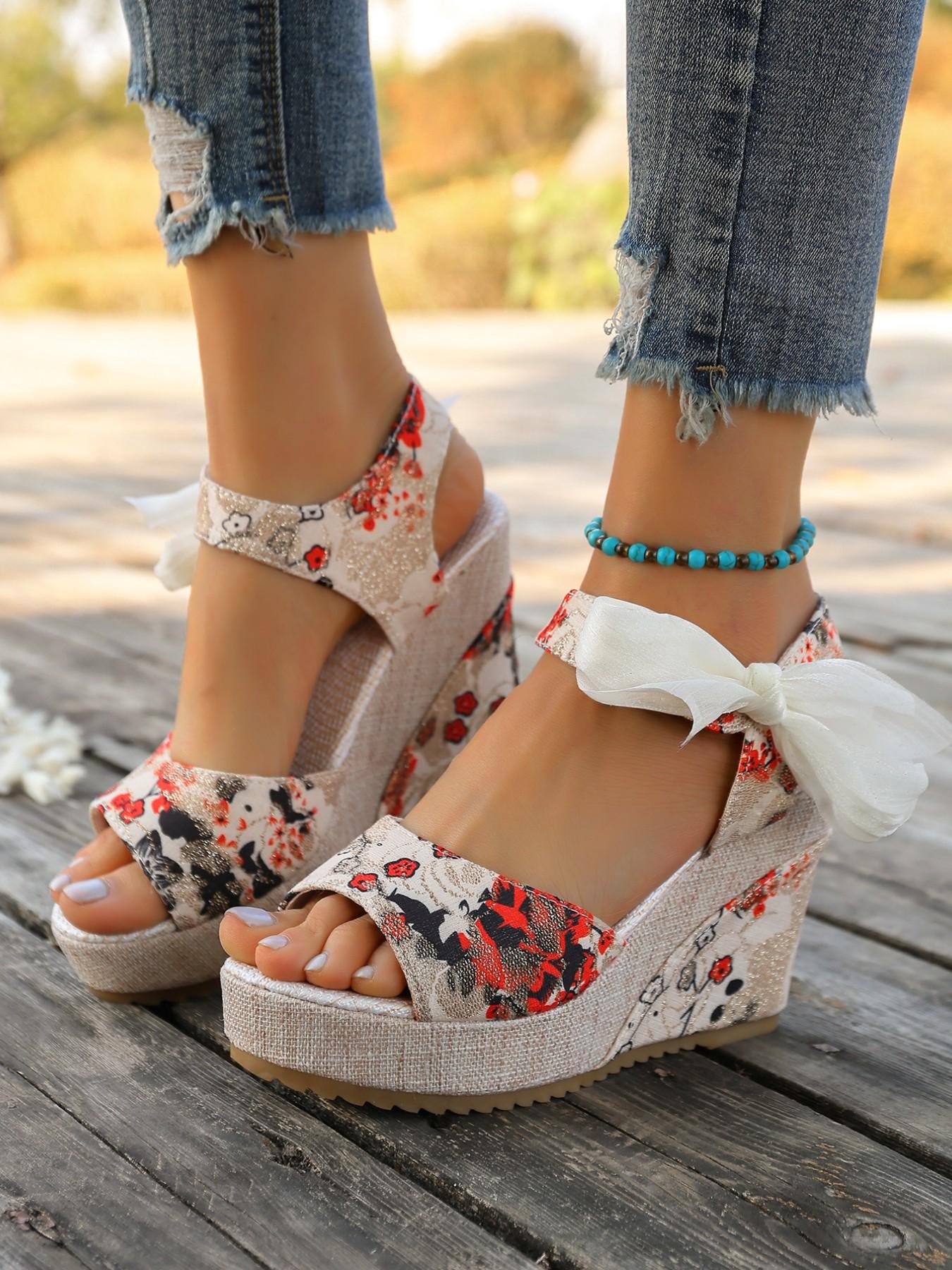 Women's Boho Floral Embroidery Organza Butterfly Heel Sandals, Thick Sole Heightening Open-Toe Strap Shoes, Ethnic Beach Vacation Casual Comfortable Outdoor Wear