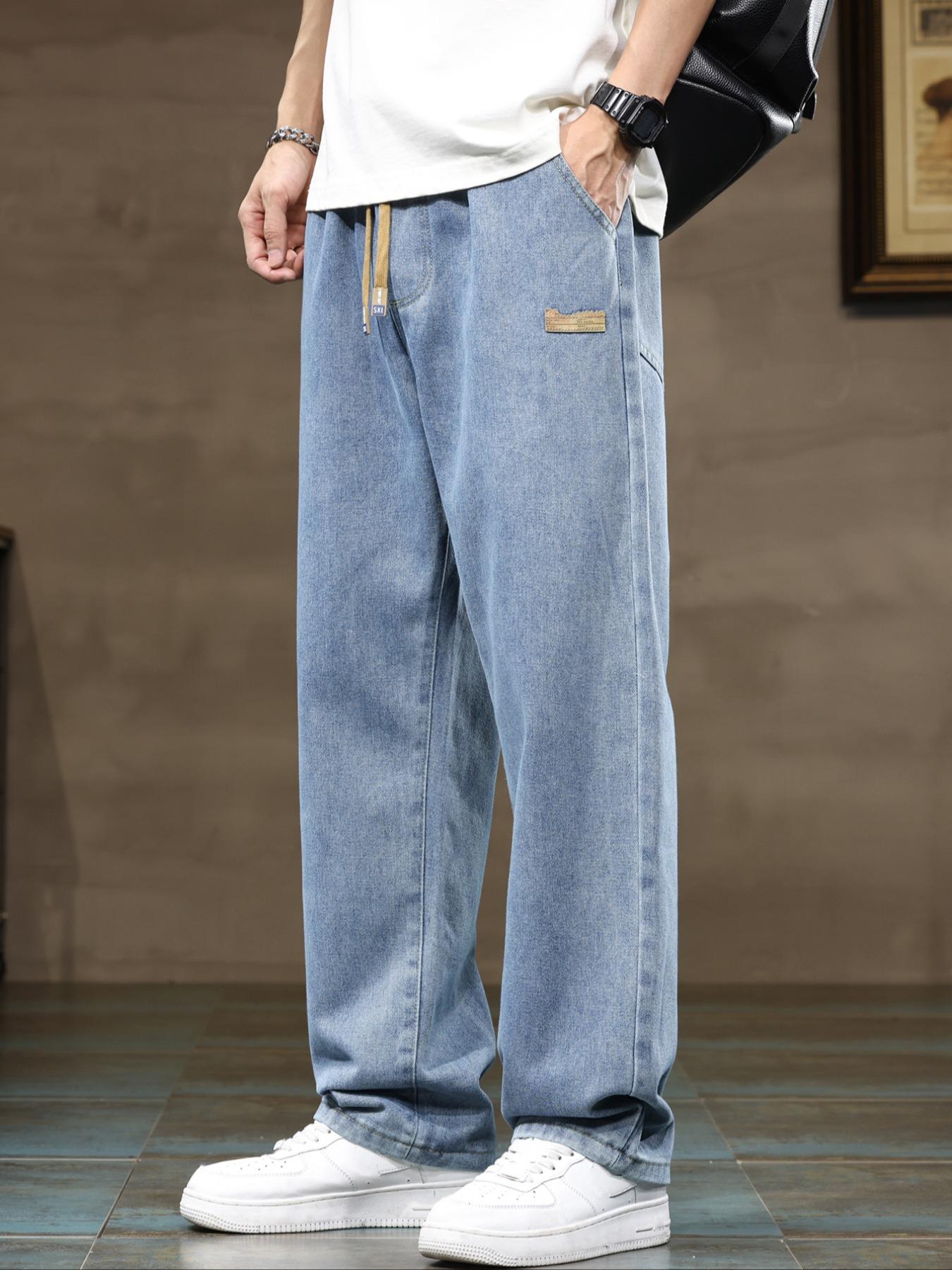 Men's elastic waist straight-leg plus-size jeans, Denim, comfortable and loose street-style bottoms, perfect for daily casual wear, urban street looks, and weekend fashion styles