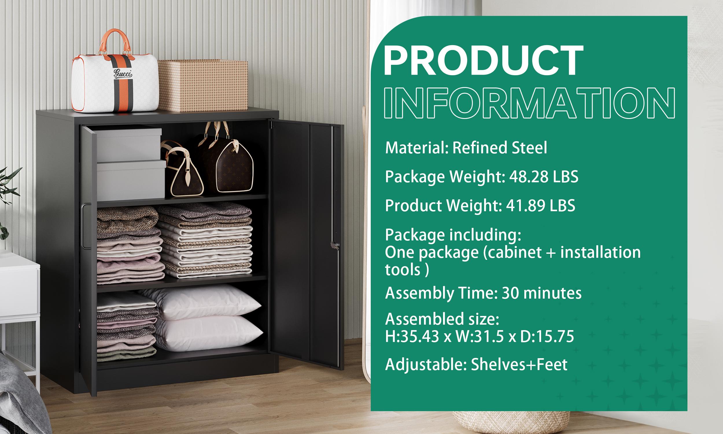 Letaya Metal Storage Cabinets with Lock, Small Locker Steel Cabinets, Adjustable Shelves 2 Doors for Home,Office, Warehouse,Garage(Black-36)