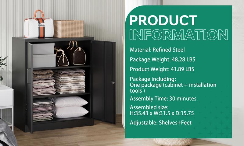 Letaya Metal Storage Cabinets with Lock, Small Locker Steel Cabinets, Adjustable Shelves 2 Doors for Home,Office, Warehouse,Garage(Black-36)