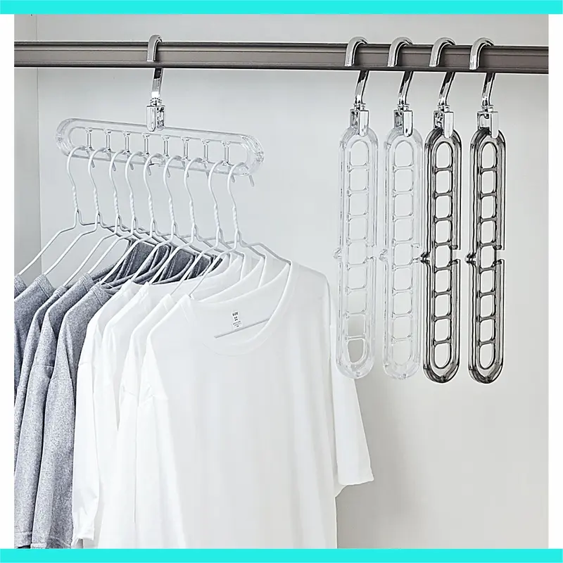 5-Pack Heavy-Duty Foldable Plastic Pants Hangers - 9 Holes, Adjustable Hooks, Anti-Slip Curved Shape Hanger, Compact House Accessories for Closet Hanging, Garage Home Storage Supplies