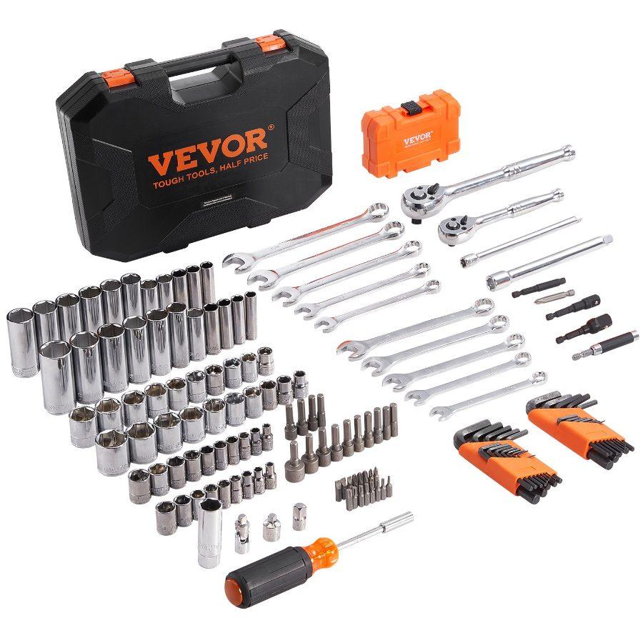 VEVOR 145-Piece Metal Mechanic Tool Set with Storage Case - Car Repair Tools Including 1/4 & 3/8 Drive Deep/Standard Sockets, SAE/Metric Bits, Combination Wrenches, Hex Wrenches, and Accessories