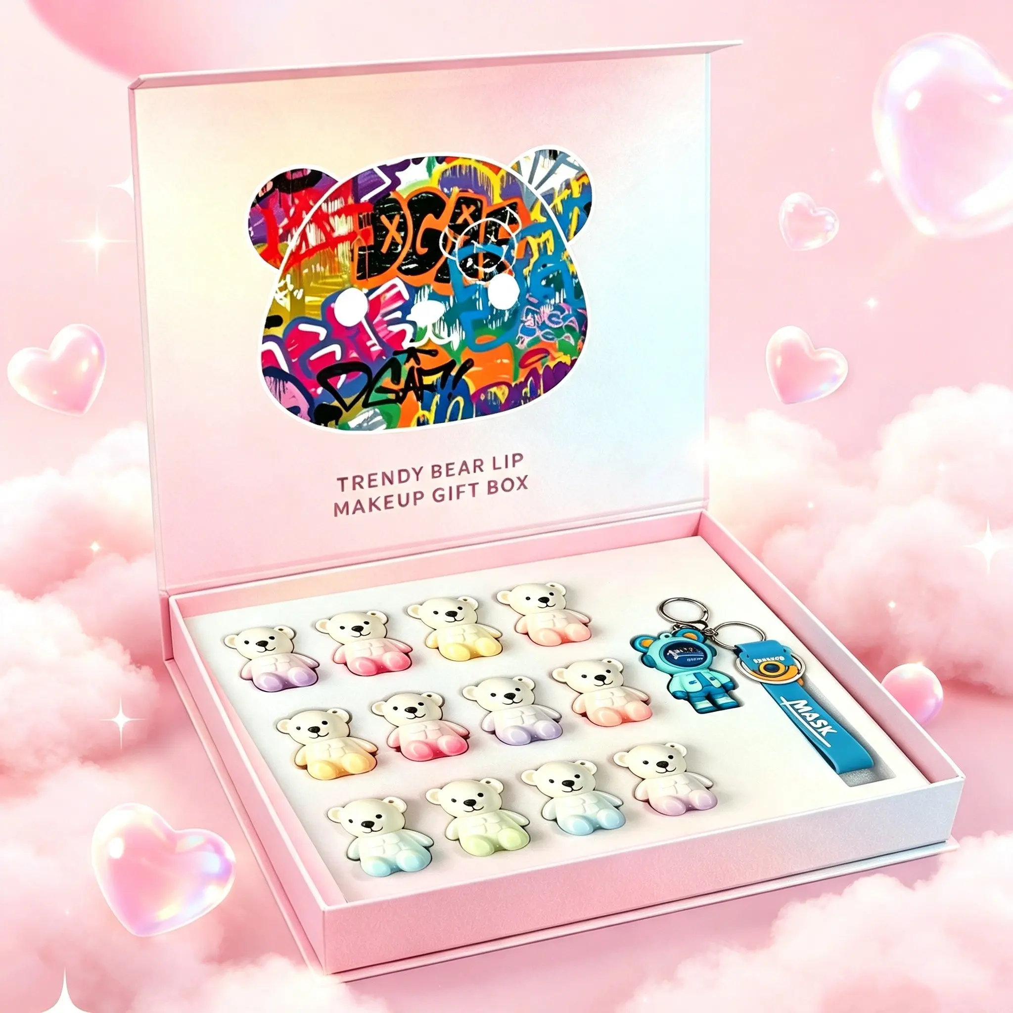 Trendy Cartoon Bear Lip Gloss Makeup Gift Set, 12 Pcs Cute Mini Bear Keychain Lip Oil, Long-Lasting Moisturizing Mirror Shine Lip Color
