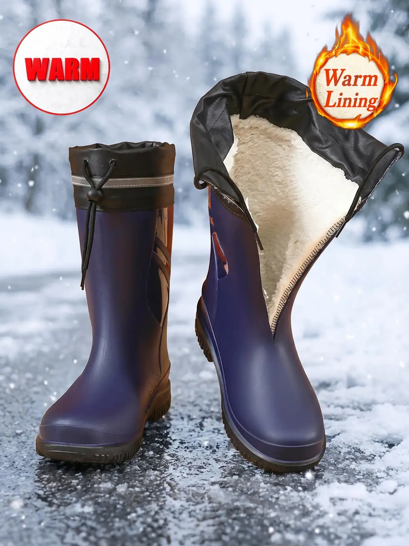 Men & Women Mid-Calf Fleece-Lined Rain Boots, Fashionable Rain Boots, Adjustable Toggle Shaft, Thick Warm Lining, Anti-Slip High-Traction Outsole, Daily Rain Shoes & Water Shoes for Cold-Rain Commute, Gardening, Outdoor Work & Rainy Trips, Sizes 36-48