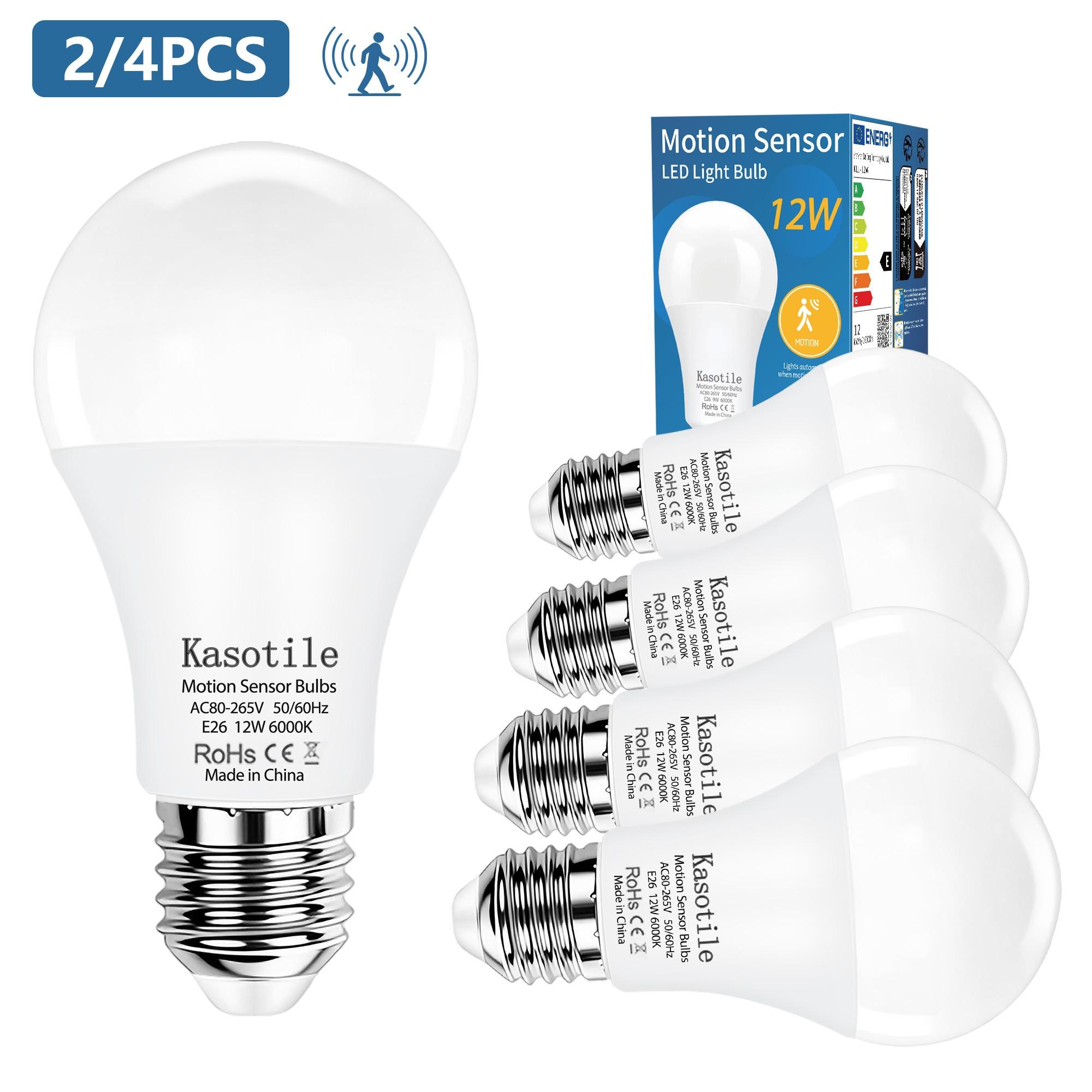2/4Pack Kasotile Motion Sensor Light Bulbs, 12W (100Watt Equivalent), Motion Activated Dusk to Dawn Security LED Bulb, 3000K WarmWhite/6000K Daylight, for Indoor and Outdoor Lighting, Porch, Stairs, Hallway
