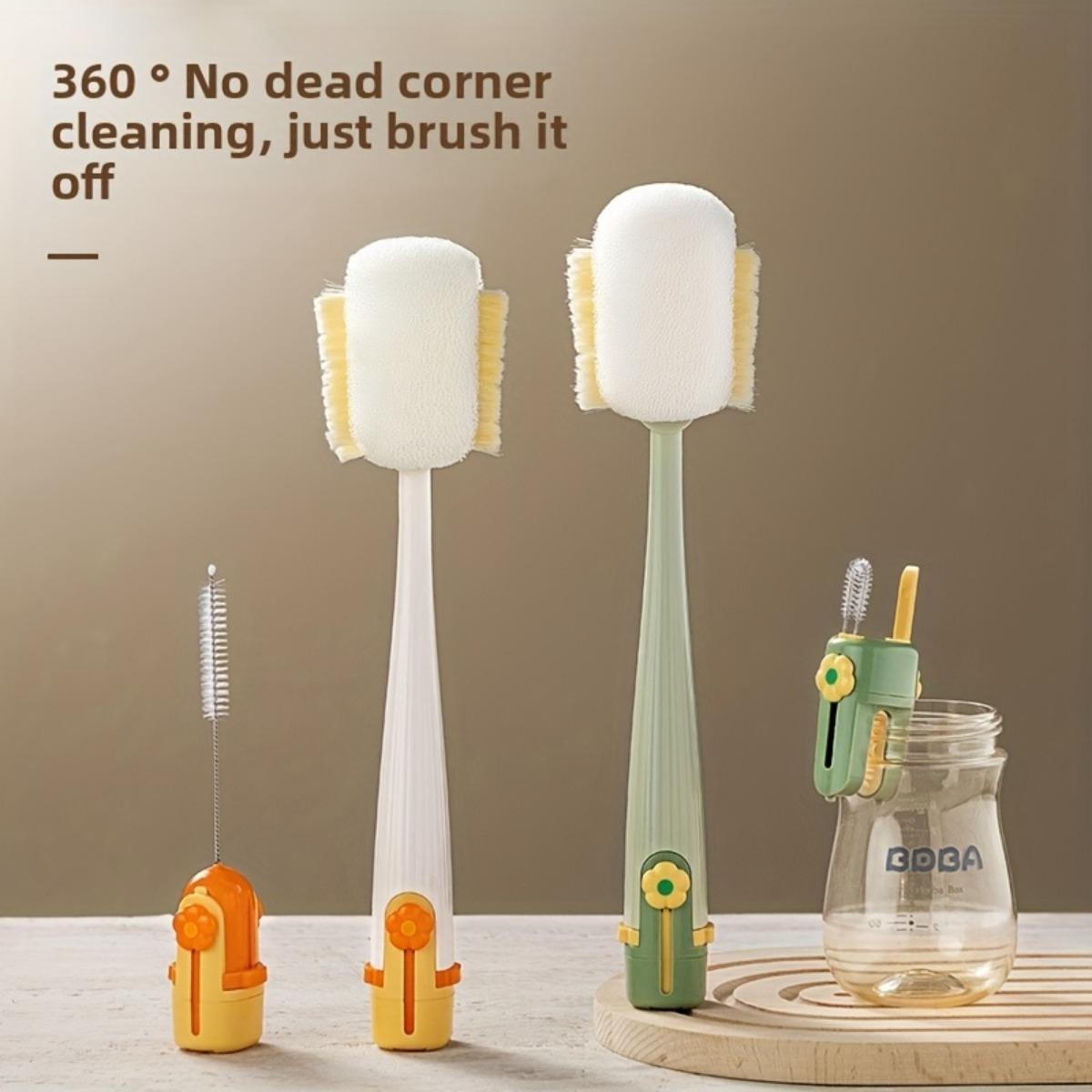 Long-handled Cup Brush Set - Multi-functional Cleaning Tool, Safe Sponge and Stiff Bristle Heads for Bottles/Lids, Detachable Deep Cleaning Dish Scrubber